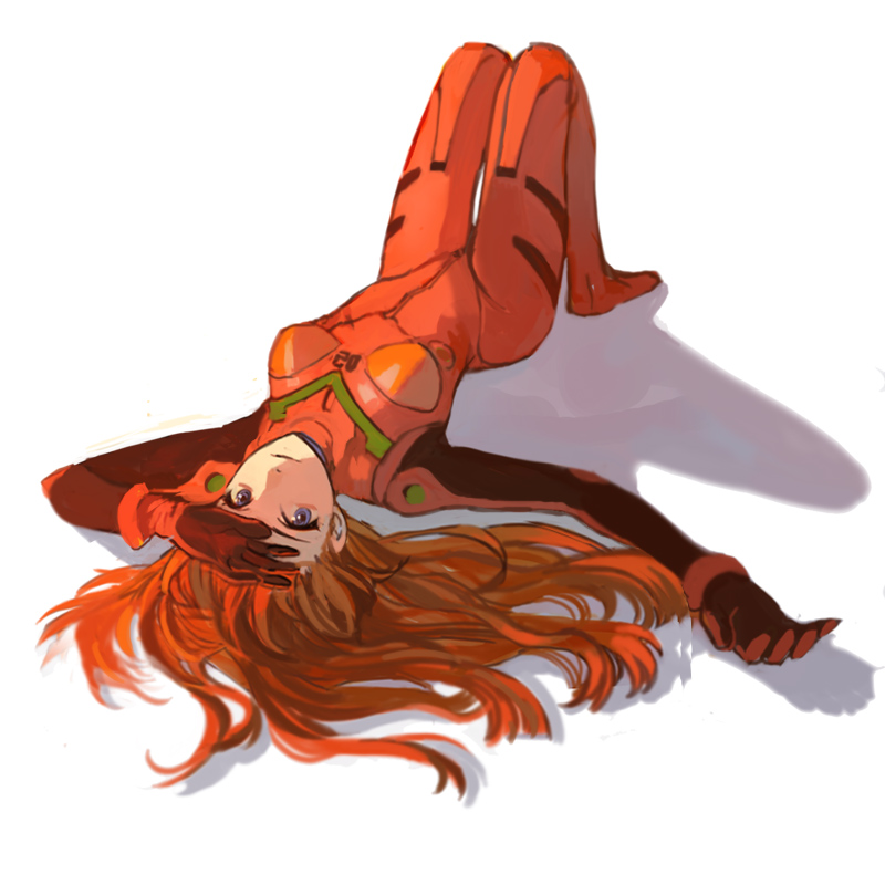 souryuu asuka langley, neon genesis evangelion, 1girl, arm up, blue eyes, bodysuit, bracer, breasts, closed mouth, dutch angle, expressionless, female focus, from above, full body, gloves, hair spread out, hand on own forehead, knees up, legs together, long hair, lying, mecha pilot suit, medium breasts, on back, orange hair, outstretched arm, plugsuit (evangelion), shading eyes, shadow, simple background, sketch, solo, thigh gap, turtleneck, white background