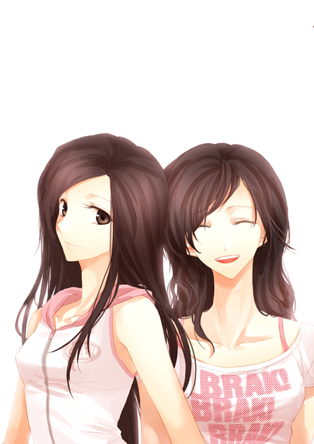 irua, seohyun (girls' generation), yoona (girls' generation), girls' generation, real life, sm entertainment, bad id, bad pixiv id, 2girls, animification, brown eyes, brown hair, closed eyes, hood, k-pop, long hair, looking at viewer, multiple girls, off shoulder, simple background, sleeveless, smile