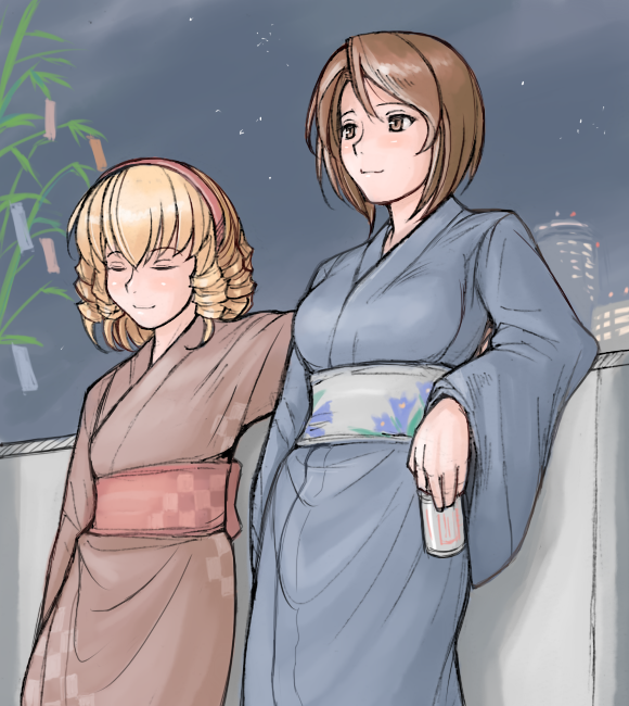 tsuda nanafushi, hinaichigo, souseiseki, rozen maiden, 00s, 2girls, aged up, blonde hair, brown eyes, brown hair, closed eyes, hairband, japanese clothes, kimono, multiple girls, ringlets, short hair, tanabata, tanzaku, yukata