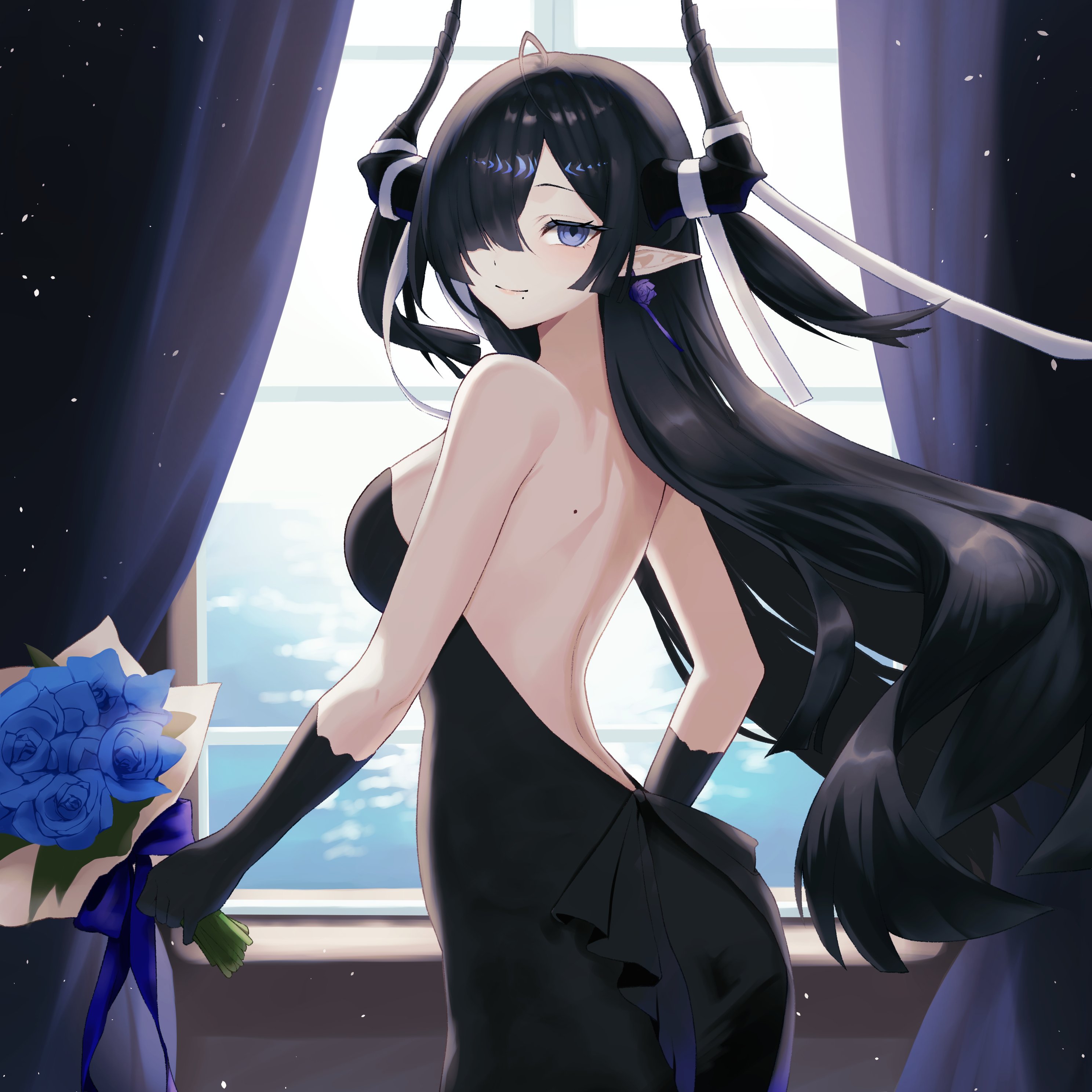 dr.lamina, qalaisa (arknights), arknights, absurdres, commentary, highres, 1girl, back, backless dress, backless outfit, bare shoulders, black dress, black gloves, black hair, black horns, blue flower, blue rose, bouquet, breasts, closed mouth, cowboy shot, curtains, dress, earrings, elbow gloves, flower, gloves, hair over one eye, holding, holding bouquet, horns, jewelry, light particles, long hair, looking at viewer, medium breasts, mole, mole on back, mole under mouth, one eye covered, pointy ears, purple eyes, rose, smile, solo, standing