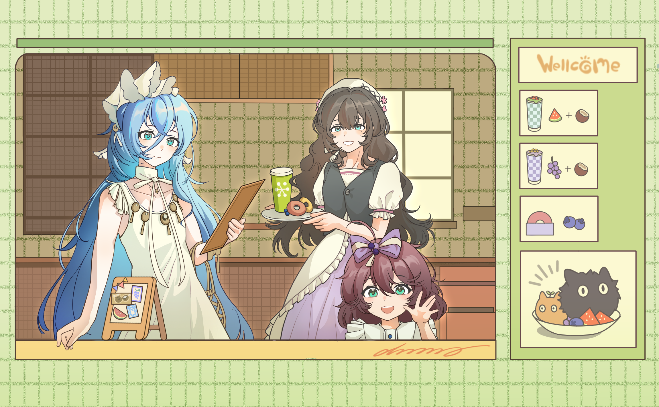 37 (naisnow) (reverse:1999), 37 (reverse:1999), carbuncle (reverse:1999), flutterpage, marcus (naisnow) (reverse:1999), marcus (reverse:1999), reverse:1999, highres, 3girls, ahoge, bagel, beret, black vest, blue eyes, blue hair, blueberry, border, bow, brown hair, clipboard, coconut, cup, disposable cup, food, fruit, grapes, green border, grid border, grin, hair between eyes, hair bow, hair ornament, hand up, hat, holding, holding clipboard, holding plate, long hair, looking at viewer, multiple girls, official alternate costume, plate, puffy short sleeves, puffy sleeves, purple bow, purple skirt, sandwich board, shirt, short hair, short sleeves, shuoyaori xianding, skirt, sleeveless, sleeveless shirt, smile, upper body, very long hair, vest, watermelon, watermelon slice, white hat, white shirt