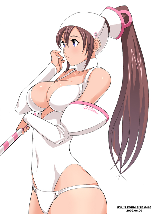 ryu (ryu's form site), original, 00s, 1girl, 2009, breasts, brown hair, dated, female focus, high ponytail, large breasts, leotard, long hair, ponytail, simple background, solo, white background