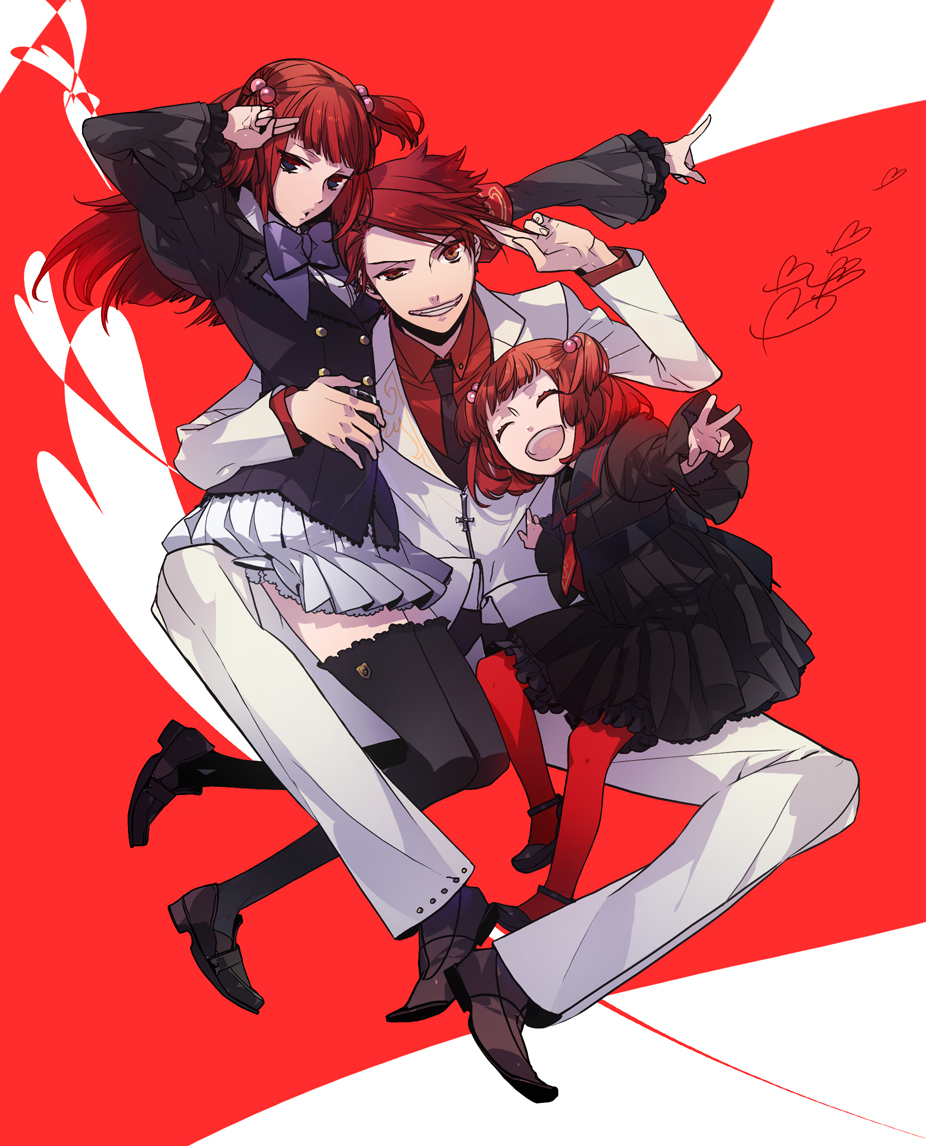don chang, kazuaki, ushiromiya ange, ushiromiya battler, umineko no naku koro ni, bad id, bad pixiv id, 00s, 1boy, 2girls, aged down, armband, belt, blue eyes, brother and sister, brown eyes, child, dress, family bonding, frills, hair bobbles, hair ornament, heart, holding, jacket, multiple girls, necktie, pantyhose, red hair, ribbon, short hair, siblings, smile, thighhighs, time paradox, twintails, zettai ryouiki