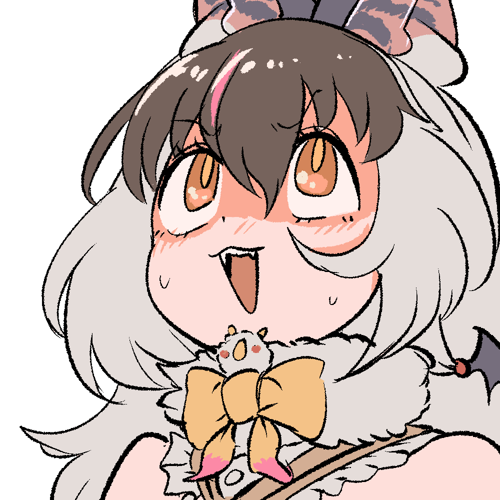 mcgunngu, brown long-eared bat (kemono friends), kemono friends, kemono friends v project, 1girl, animal ears, bat ears, bat girl, bat wings, brown eyes, brown hair, extra ears, grey hair, long hair, microphone, multicolored hair, scarf, simple background, solo, streaked hair, sweat, upper body, virtual youtuber, wings