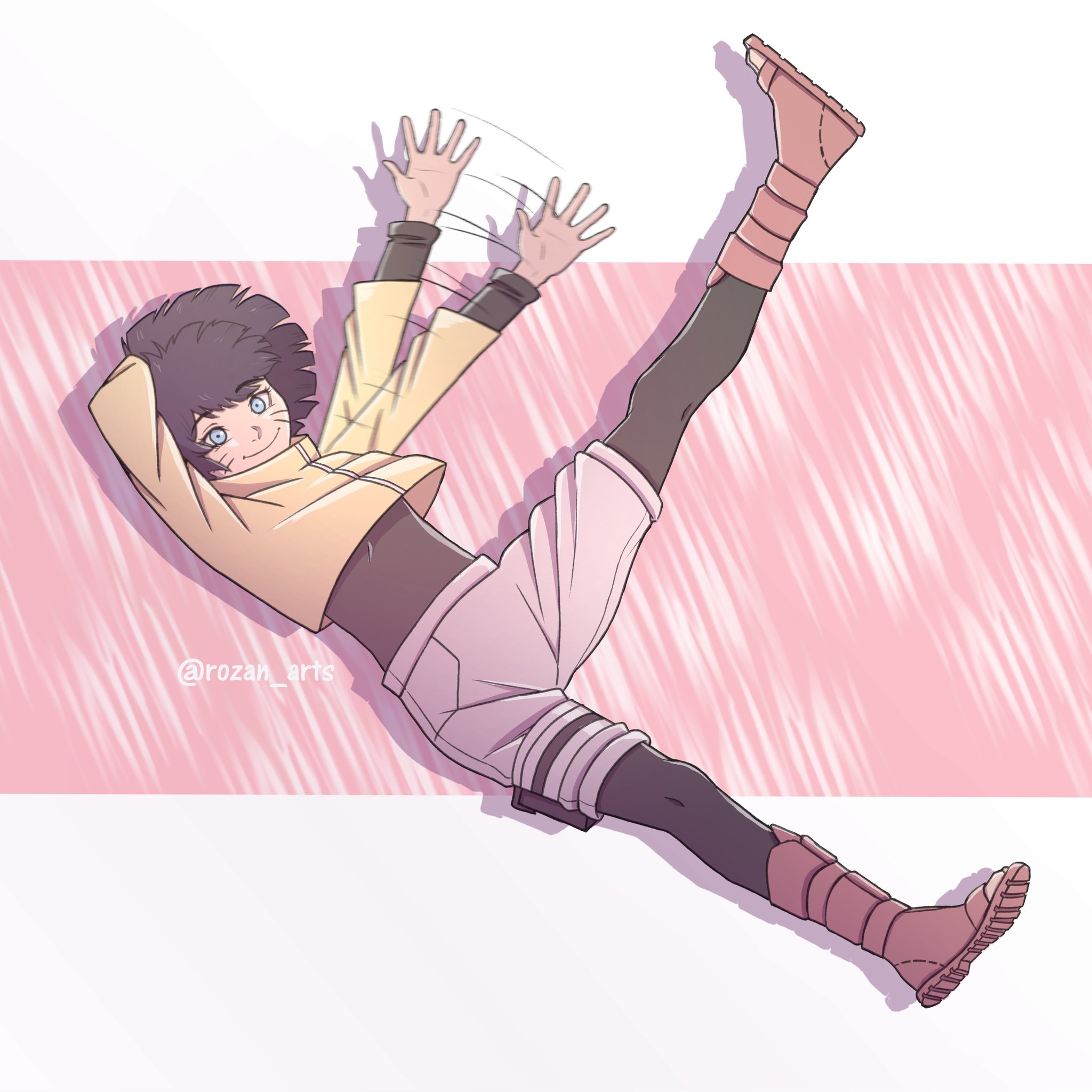 uzumaki himawari, boruto: naruto next generations, naruto (series), alt text, commentary, english commentary, highres, 1girl, afterimage, arm behind head, black hair, black pantyhose, blue eyes, boots, cropped jacket, facial mark, full body, jacket, knee boots, motion blur, motion lines, open-toe boots, pantyhose, pouch, rozan arts, short hair, shorts, solo, thigh pouch, waving, whisker markings, white shorts, yellow jacket
