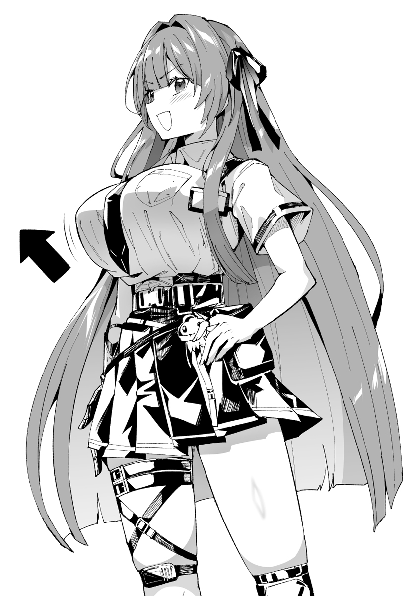 edobox, rei (chaos zero nightmare), chaos zero nightmare, highres, 1girl, black ribbon, black skirt, blush, breast pocket, breasts, collared shirt, hair ribbon, high-waist skirt, large breasts, long hair, looking at viewer, monochrome, pleated skirt, pocket, ribbon, shirt, shirt tucked in, short sleeves, sidelocks, simple background, skirt, smile, solo, standing, thigh strap, white background, white shirt