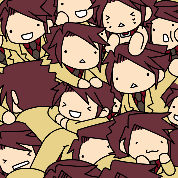 kashiwa kiseri, ushiromiya battler, umineko no naku koro ni, 00s, 6+boys, :<, :3, :d, angry, brown hair, chain, chibi, clone, collar, flat color, happy, jacket, male focus, multiple boys, multiple expressions, necktie, open mouth, smile