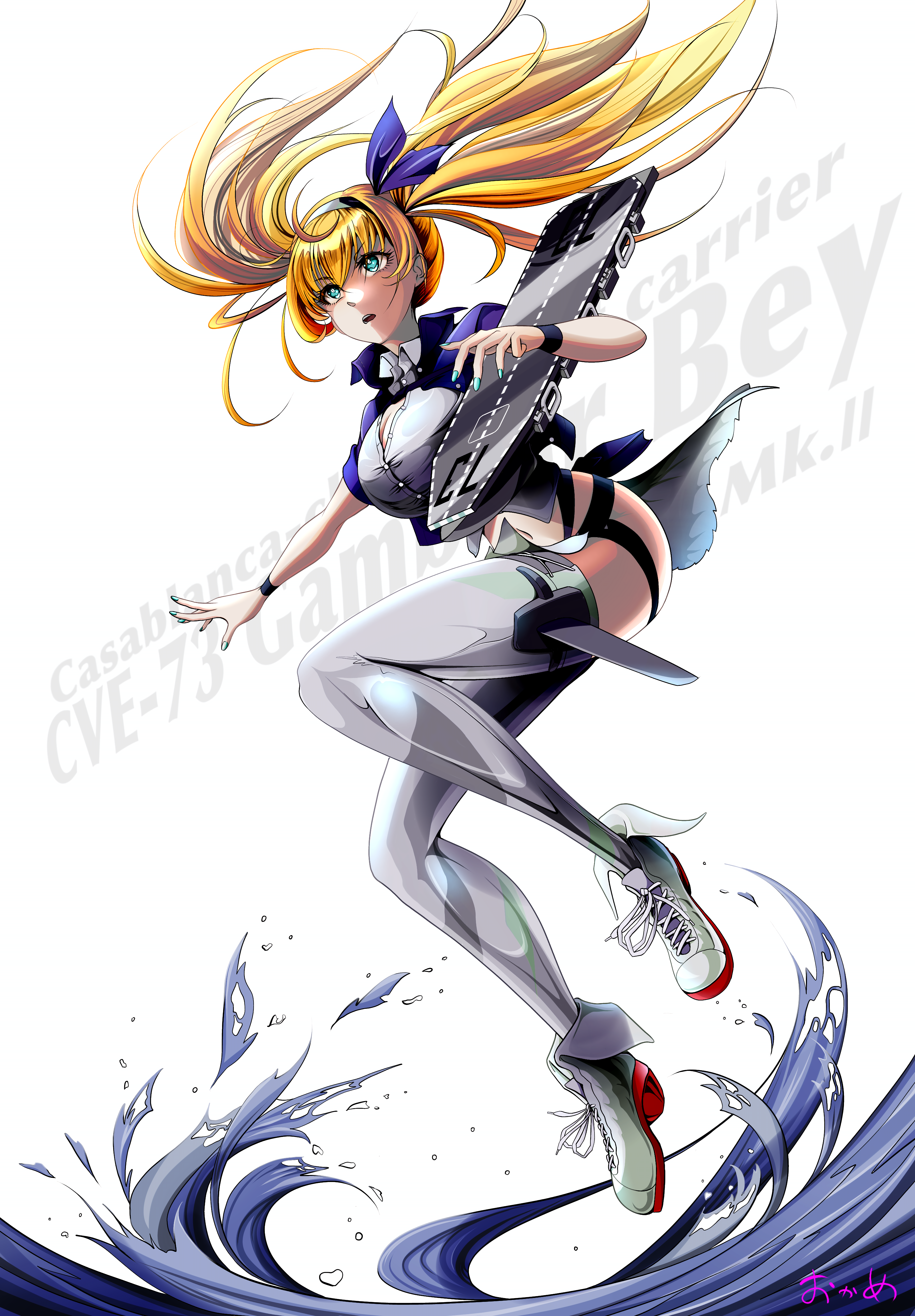 agano class no3, gambier bay (kancolle), gambier bay mk ii (kancolle), kantai collection, absurdres, commentary, highres, 1girl, blonde hair, blue eyes, blue jacket, blush, boots, breasts, collared shirt, flight deck, full body, grey thighhighs, hair between eyes, hairband, half-skirt, jacket, large breasts, long hair, multicolored hairband, navel, open mouth, shirt, skirt, thighhighs, twintails, water, white background, white shirt