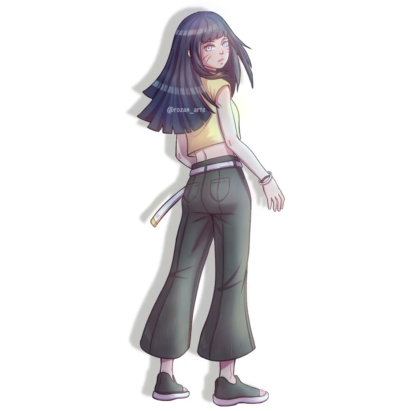 uzumaki himawari, boruto: two blue vortex, naruto (series), commentary, english commentary, highres, 1girl, belt, black hair, black pants, black shoes, blue eyes, bracelet, crop top, cropped shirt, facial mark, from behind, full body, jewelry, long hair, looking back, open-toe shoes, pants, rozan arts, shirt, shoes, solo, twitter username, watermark, whisker markings, white belt, yellow shirt