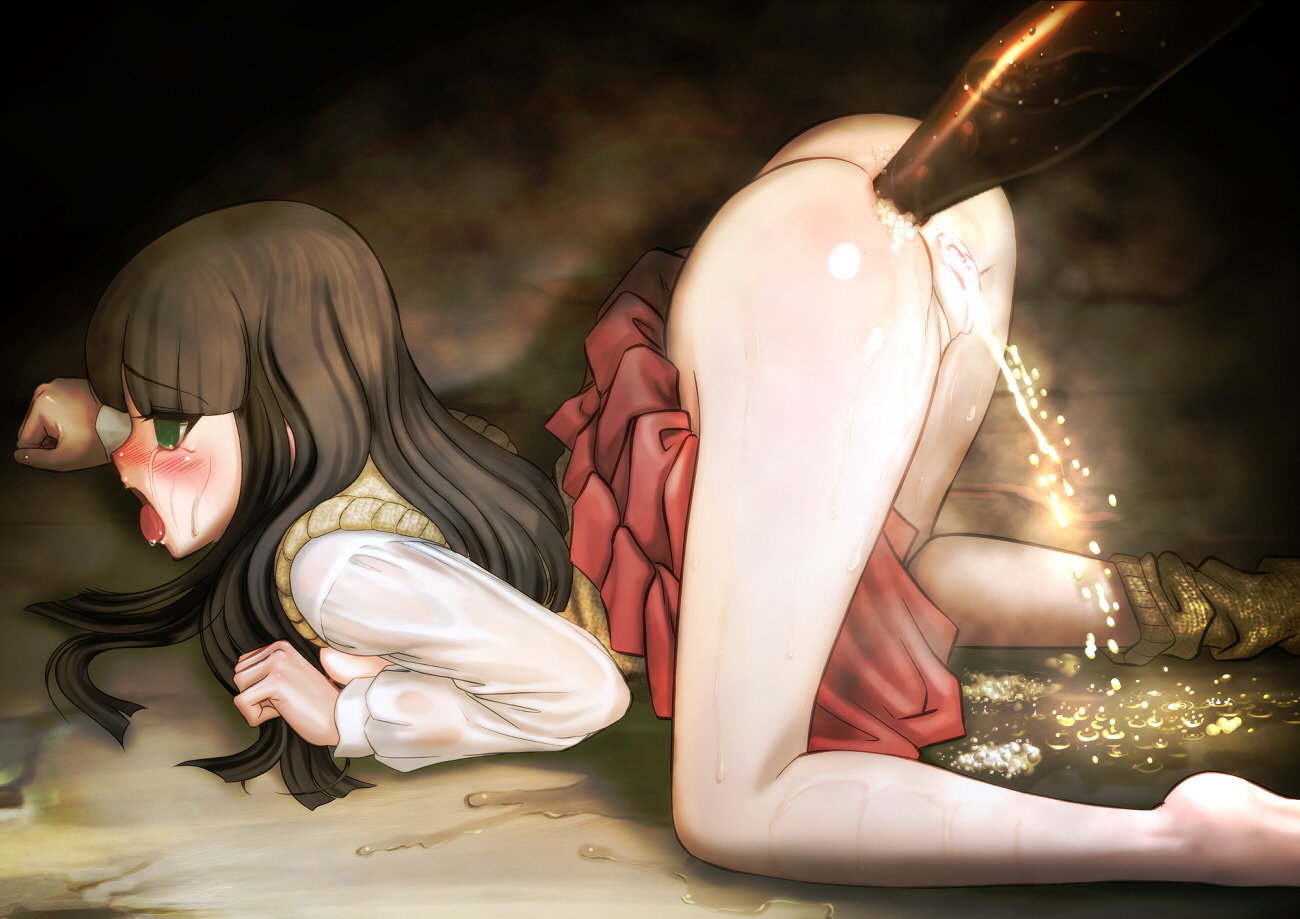 youkai ankake, shinozuka arashi, gad guard, eyebrows, 00s, 1girl, alcohol, alcohol enema, anal, anal object insertion, ass, blush, bottle, drunk, empty eyes, enema, female focus, fucked silly, green eyes, legs, long hair, no panties, object insertion, open mouth, pee, peeing, pussy, red skirt, school uniform, single eyebrow, skirt, skirt around belly, socks, solo, sweater vest, tears, tongue, top-down bottom-up, uncensored, vest, wine