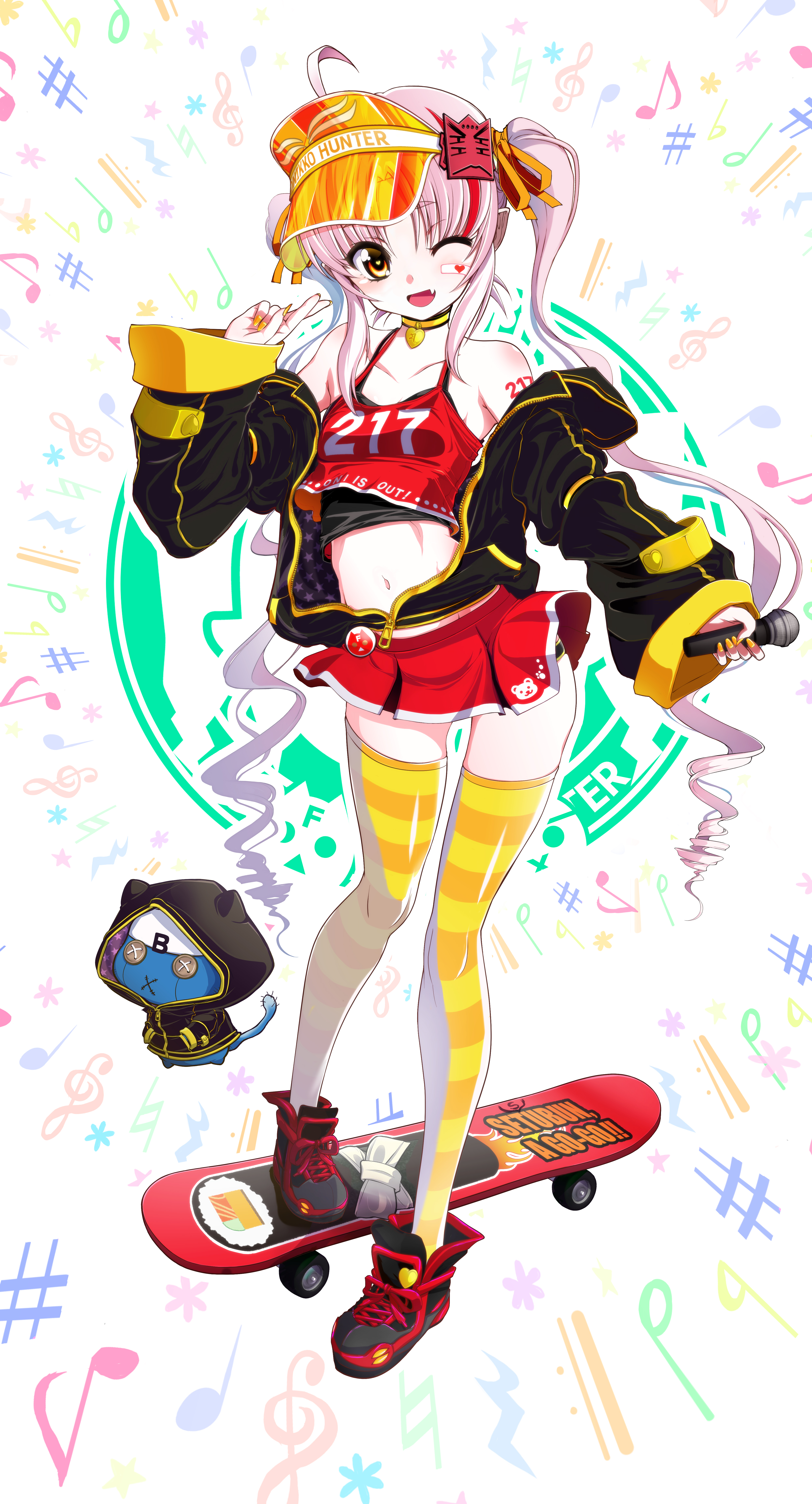 oohenri saki, tsuina-chan, onikko hunter tsuina-chan, vocaloid, voiceroid, absurdres, highres, official art, second-party source, 1girl, ahoge, bandaid, bandaid on cheek, bandaid on face, bare shoulders, black jacket, black shirt, black shoes, choker, collarbone, contrapposto, creature, crop top, crossed fingers, eighth note, fang, flat sign, food print, full body, hair ornament, hair ribbon, half note, hand up, heart, heart-shaped pupils, heart choker, holding, holding microphone, jacket, jacket partially removed, long hair, microphone, midriff, miniskirt, multicolored hair, musical note, musical note background, nail polish, natural sign, navel, number print, number tattoo, one eye closed, open clothes, open jacket, open mouth, orange eyes, orange nails, orange ribbon, orange visor, panties, pantyshot, parted bangs, pendant choker, pink hair, pointy ears, quarter note, quarter rest, red shirt, red skirt, red streaks, ribbon, ringlets, sharp sign, shirt, shoelaces, shoes, shoulder tattoo, skateboard, skin fang, skirt, sleeveless, sleeveless shirt, sleeves past wrists, smile, sneakers, spaghetti strap, standing, streaked hair, striped clothes, striped thighhighs, symbol-shaped pupils, tattoo, thighhighs, treble clef, tsuina-chan (vocaloid), twintails, undershirt, underwear, very long hair, visor cap, yellow choker, zipper, zipper pull tab