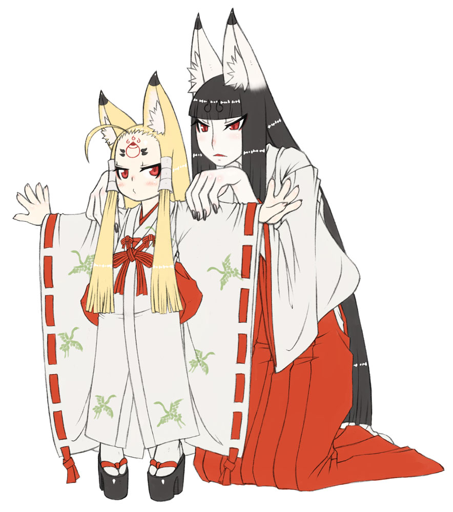 jon henry nam, inari, original, 2girls, animal ears, bird, black hair, blonde hair, clog sandals, crane (animal), fox ears, japanese clothes, long hair, mature female, miko, monster girl, mother and daughter, multiple girls, okobo, platform sandals, red eyes, sandals, standing, thick eyebrows, very long hair