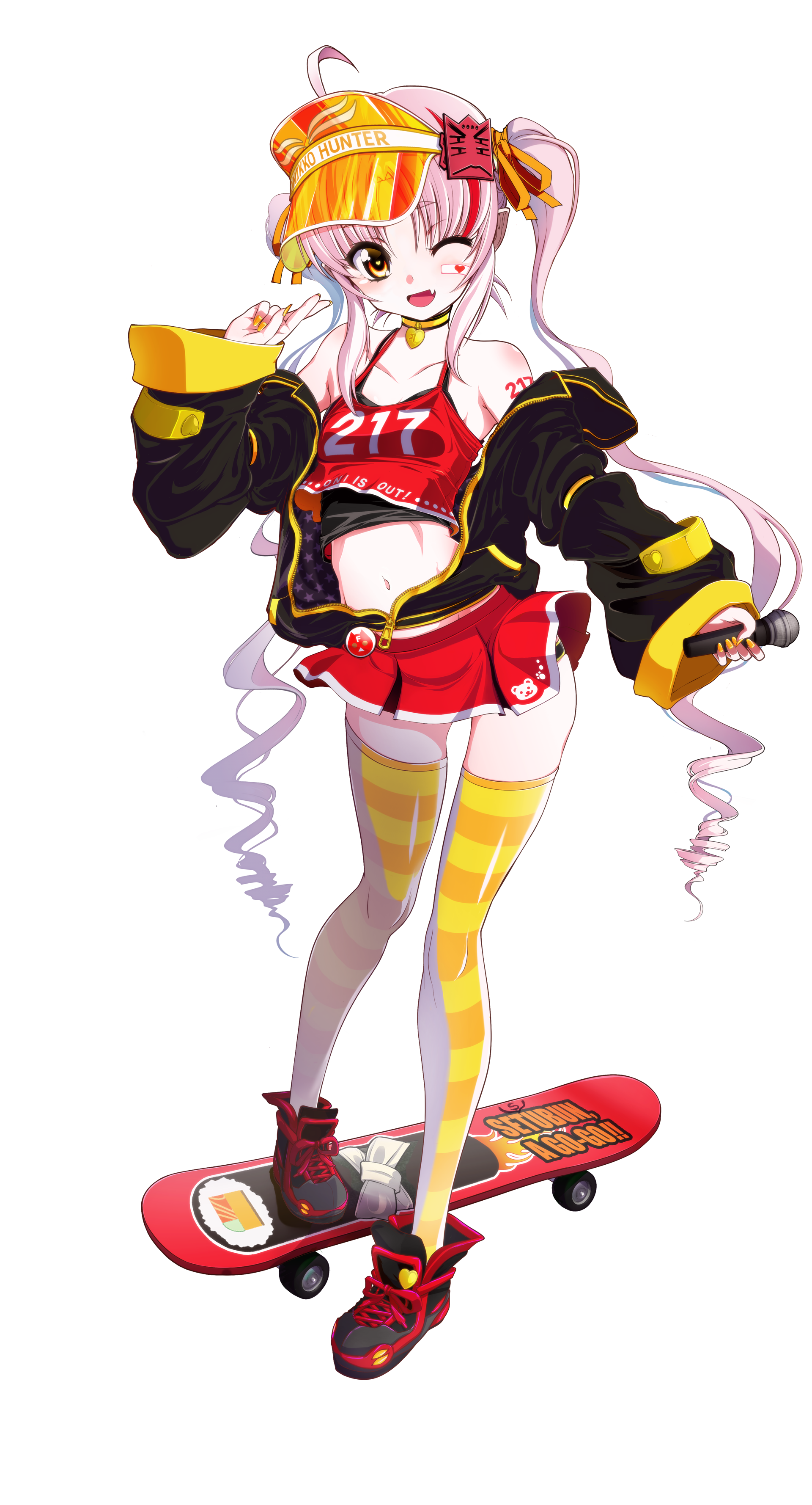 oohenri saki, tsuina-chan, onikko hunter tsuina-chan, vocaloid, voiceroid, absurdres, highres, official art, second-party source, 1girl, ahoge, bandaid, bandaid on cheek, bandaid on face, bare shoulders, black jacket, black shirt, black shoes, choker, collarbone, contrapposto, crop top, crossed fingers, fang, food print, full body, hair ornament, hair ribbon, hand up, heart, heart-shaped pupils, heart choker, holding, holding microphone, jacket, jacket partially removed, long hair, microphone, midriff, miniskirt, multicolored hair, nail polish, navel, number print, number tattoo, one eye closed, open clothes, open jacket, open mouth, orange eyes, orange nails, orange ribbon, orange visor, panties, pantyshot, parted bangs, pendant choker, pink hair, pointy ears, red shirt, red skirt, red streaks, ribbon, ringlets, shirt, shoelaces, shoes, shoulder tattoo, skateboard, skin fang, skirt, sleeveless, sleeveless shirt, sleeves past wrists, smile, sneakers, solo, spaghetti strap, standing, streaked hair, striped clothes, striped thighhighs, symbol-shaped pupils, tattoo, thighhighs, transparent background, tsuina-chan (vocaloid), twintails, undershirt, underwear, very long hair, visor cap, yellow choker, zipper, zipper pull tab