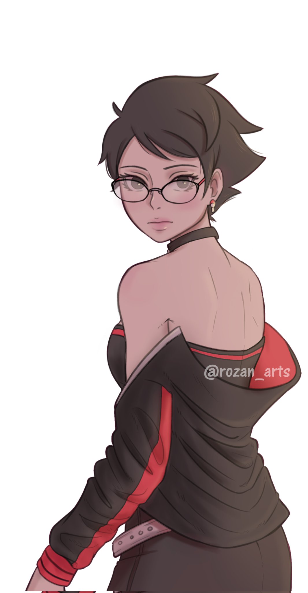 uchiha sarada, boruto: two blue vortex, naruto (series), commentary, corrupted twitter file, english commentary, highres, photo-referenced, 1girl, bare shoulders, belt, black eyes, black hair, black jacket, earrings, expressionless, from side, glasses, jacket, jewelry, looking at viewer, off shoulder, pink lips, rozan arts, short hair, solo, strapless, tube top, uchiha symbol, upper body, white belt