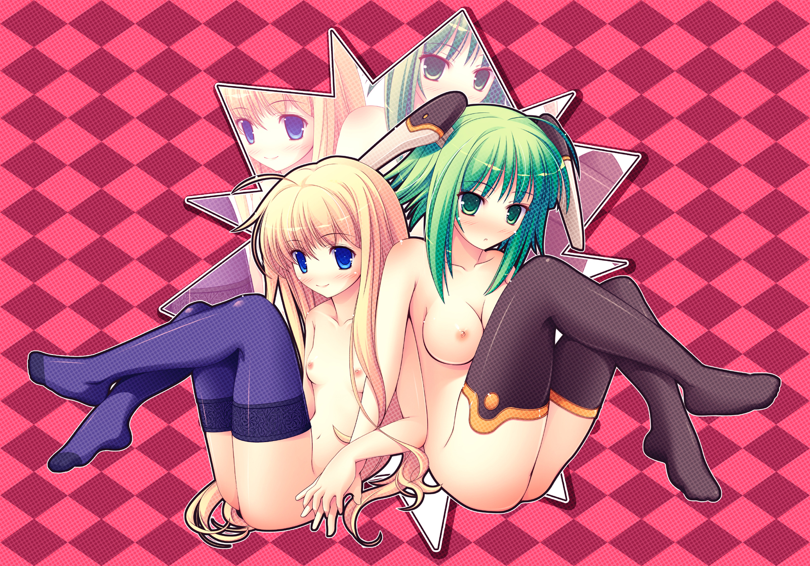 al azif (artist), aru (abyssinia), evangeline a.k. mcdowell, karakuri chachamaru, mahou sensei negima!, highres, 00s, 2girls, black thighhighs, blonde hair, blue eyes, blush, breasts, feet, flat chest, green eyes, green hair, holding hands, karakuri chachamaru (compact), long hair, medium breasts, multiple girls, nipples, nude, robot ears, short hair, sidelocks, small breasts, thighhighs, vampire