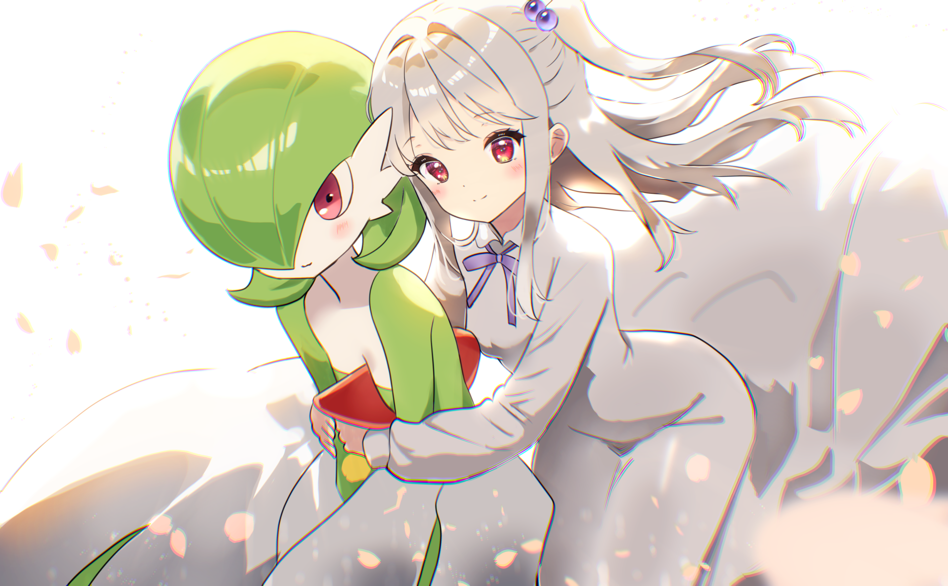 angelica n19, gardevoir, nintendo, original, pokemon, 2girls, backlighting, blush, bob cut, breasts, chromatic aberration, closed mouth, collared dress, colored skin, cowboy shot, dress, female focus, flat chest, gen 3 pokemon, green hair, green skin, hair bobbles, hair ornament, hair over one eye, happy, hug, hug from behind, leaning forward, long dress, long hair, looking afar, looking at viewer, multicolored skin, multiple girls, neck ribbon, one eye covered, one side up, petals, pokemon (creature), purple ribbon, red eyes, ribbon, short hair, sidelocks, simple background, small breasts, smile, split mouth, standing, two-tone skin, white background, white dress, white hair, white skin