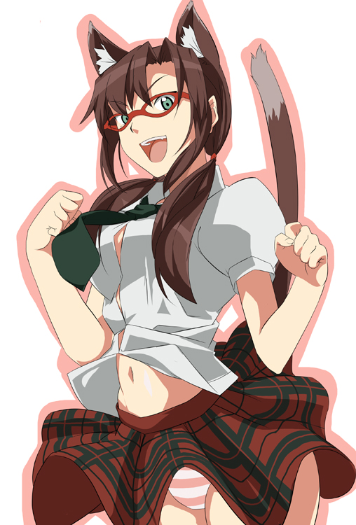 date (senpen), makinami mari illustrious, evangelion: 2.0 you can (not) advance, neon genesis evangelion, rebuild of evangelion, 00s, 1girl, animal ears, cat ears, cat girl, cat tail, female focus, glasses, midriff, navel, necktie, panties, paw pose, plaid clothes, plaid skirt, skirt, solo, striped clothes, striped panties, tail, underwear