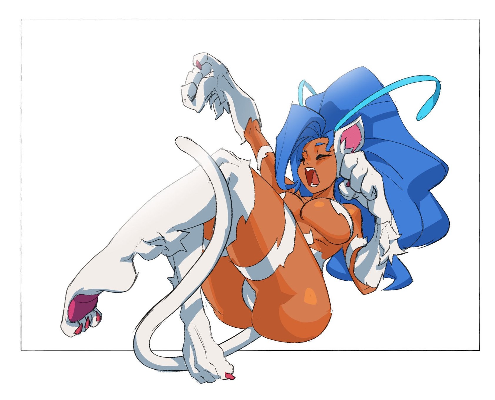 julian futanto, felicia (darkstalkers), darkstalkers, third-party edit, animal ears, animal hands, ass, blue hair, breasts, cat ears, cat tail, dark-skinned female, dark skin, large breasts, long hair, tail, teeth, thong, very long hair, white background, white fur