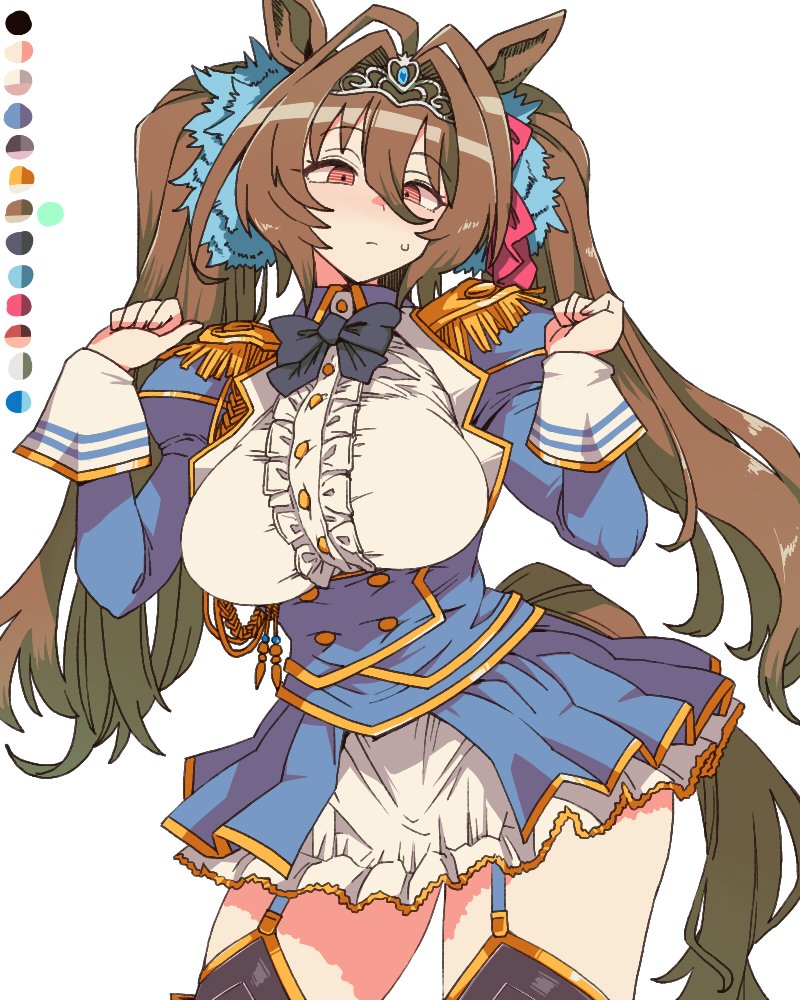 toriga naku, daiwa scarlet (peak blue) (umamusume), daiwa scarlet (umamusume), umamusume, 1girl, animal ears, breasts, brown hair, buttons, epaulettes, horse ears, horse girl, horse tail, miniskirt, red eyes, skirt, solo, sweat, tail, tiara, twintails