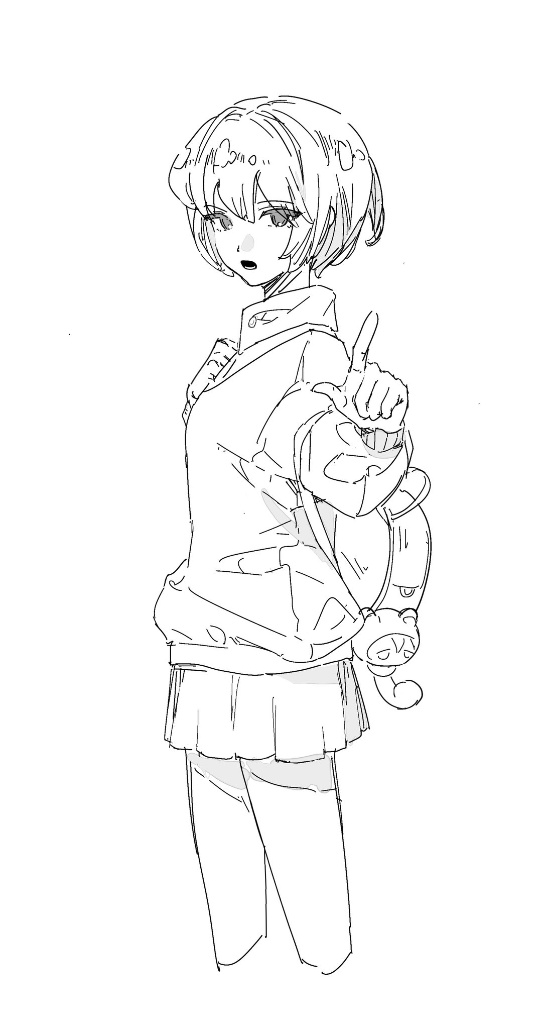 tansuyuli, character request, copyright request, highres, 1girl, backpack, bag, bag charm, bare legs, bob cut, character charm, charm (object), collar, cropped legs, determined, dot nose, eyelashes, eyes visible through hair, hair between eyes, holding, holding bag, lineart, long sleeves, looking at viewer, miniskirt, open mouth, pleated skirt, pointing, pointing at viewer, puffy long sleeves, puffy sleeves, school uniform, shirt under sweater, short hair, simple background, skirt, solo, standing, white background