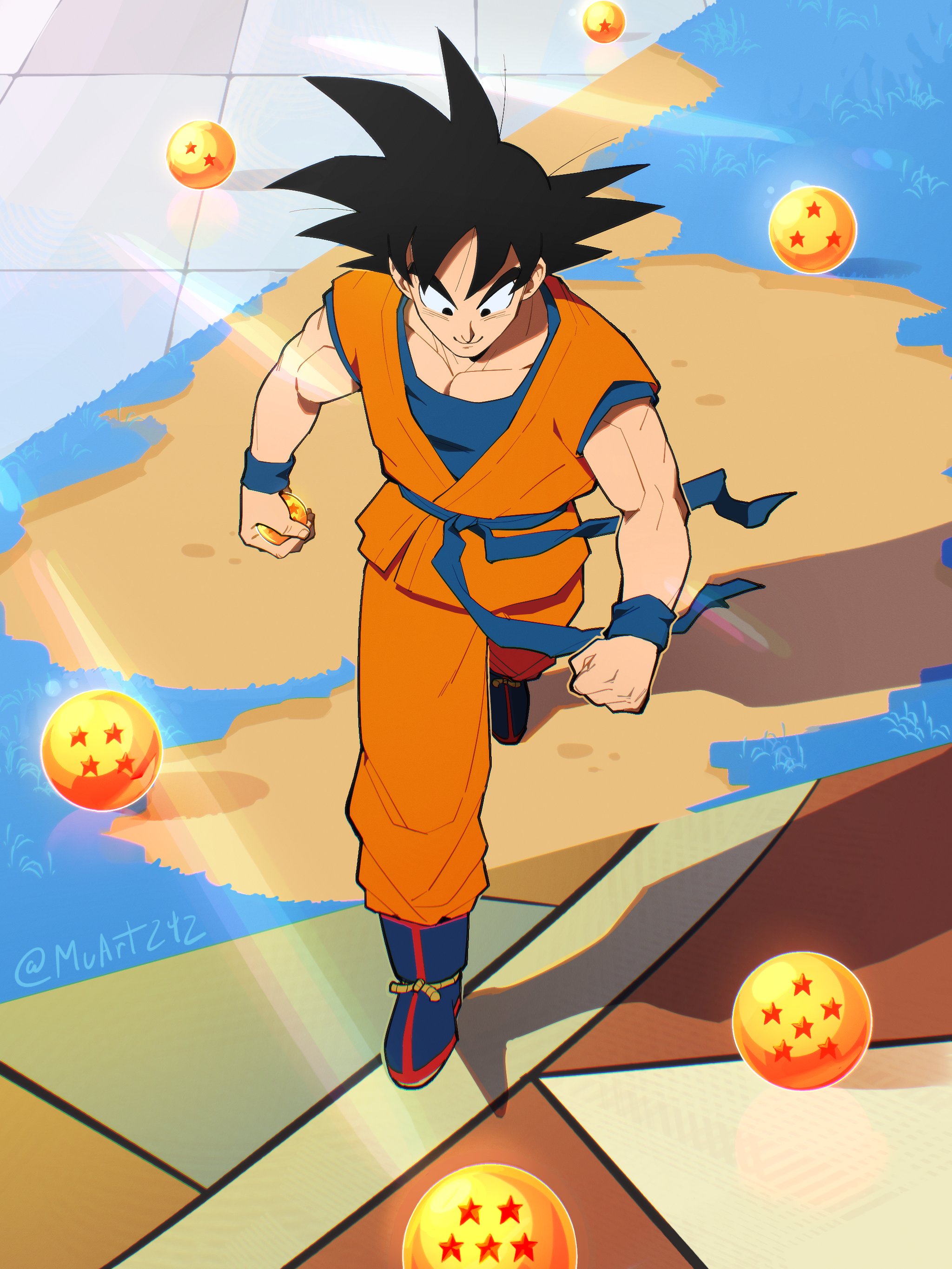 muart242, son goku, dragon ball, dragon ball (classic), dragon ball super, dragonball z, absurdres, commentary, english commentary, hashtag-only commentary, highres, 1boy, ankle boots, arched bangs, arena, arms at sides, biceps, black eyes, black hair, black outline, blue boots, blurry, bokeh, boots, brick floor, choppy bangs, clenched hands, closed mouth, day, depth of field, dougi, dragon ball (object), evolution, facing ahead, fingernails, from above, full body, grass, happy, holding, holding dragon ball, lens flare, light rays, male focus, martial arts belt, multicolored boots, muscular, muscular male, namek, on ground, orange dougi, orange pants, outdoors, outline, pants, parted bangs, pectorals, progression, reflection, reflective floor, rope, shadow, short sleeves, sidelighting, smile, soil, spiked hair, split theme, standing, stone floor, striped clothes, striped footwear, subsurface scattering, sunlight, tareme, tile floor, tiles, twitter username, two-tone boots, undershirt, vertical-striped footwear, walking, wristband