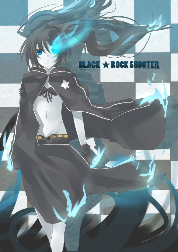 ohtsuki ichiru, ootsuki ichiru, black rock shooter (character), black rock shooter, vocaloid, bad id, bad pixiv id, 10s, 1girl, belt, bikini, bikini top only, black hair, blue eyes, coat, female focus, flat chest, glowing, glowing eyes, long hair, midriff, navel, pale skin, scar, shorts, solo, swimsuit, twintails
