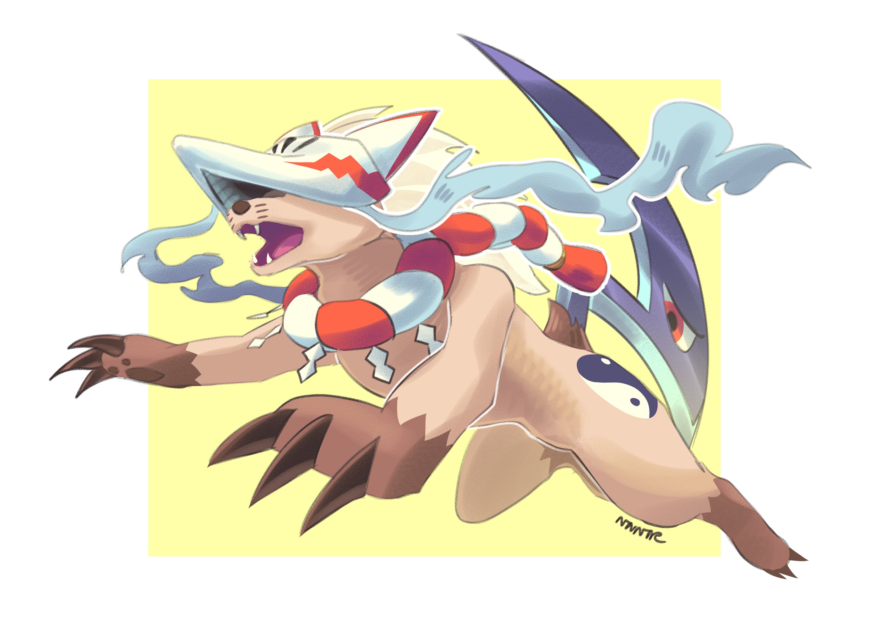 notaventura, reppamon, digimon, hashtag-only commentary, highres, border, digimon (creature), extra eyes, fangs, fox mask, full body, mask, no humans, simple background, solo, white border, yellow background