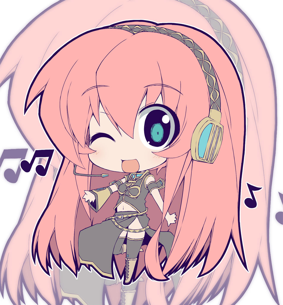 crazy developers, megurine luka, vocaloid, 1girl, blue eyes, boots, chibi, female focus, headphones, headset, long hair, midriff, musical note, navel, pink hair, smile, solo, thighhighs, wink, zoom layer