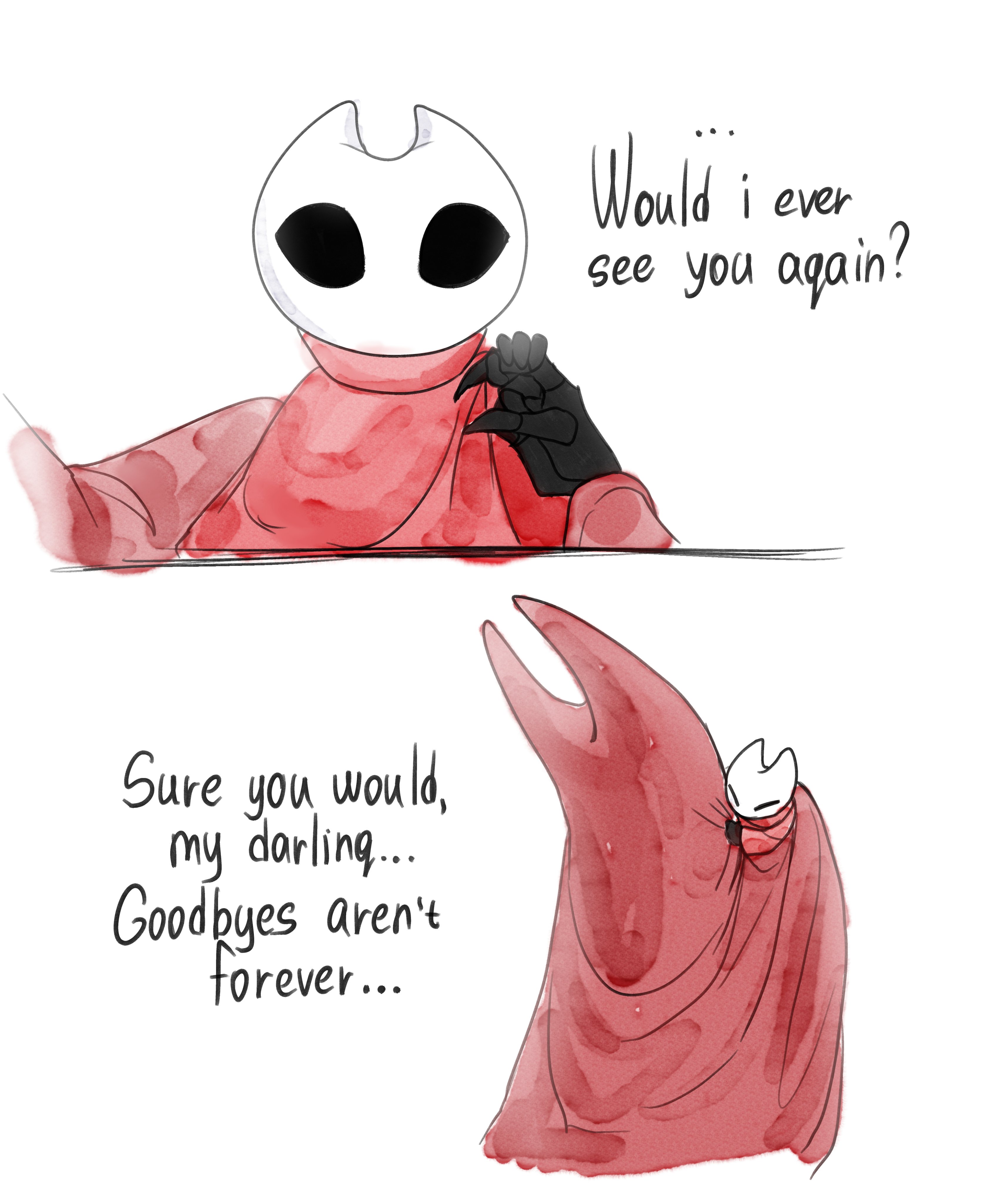 herrah (hollow knight), hornet (hollow knight), hollow knight, hollow knight: silksong, absurdres, highres, 2girls, baby, black eyes, boopie, cloak, english text, holding hands, hollow eyes, horned mask, hug, mask, multiple girls, red cloak, simple background, white background