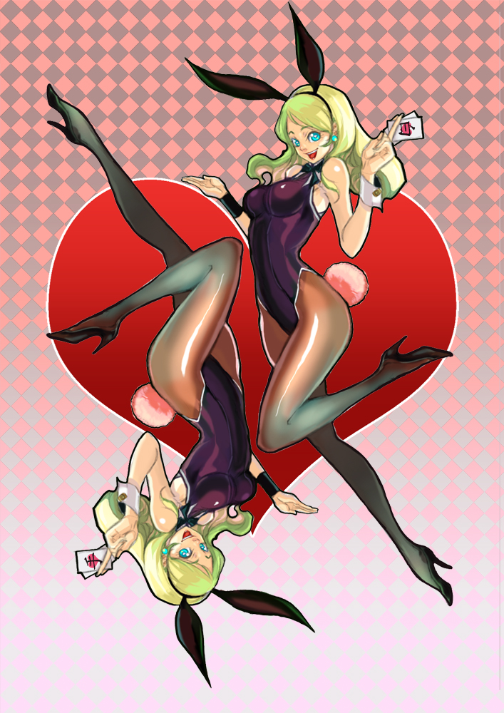 shukei, bunny girl, bad id, bad pixiv id, 2girls, animal ears, blonde hair, blue eyes, card, card (medium), fake animal ears, holding, holding card, long hair, multiple girls, pantyhose, rabbit ears, rotational symmetry, symmetry