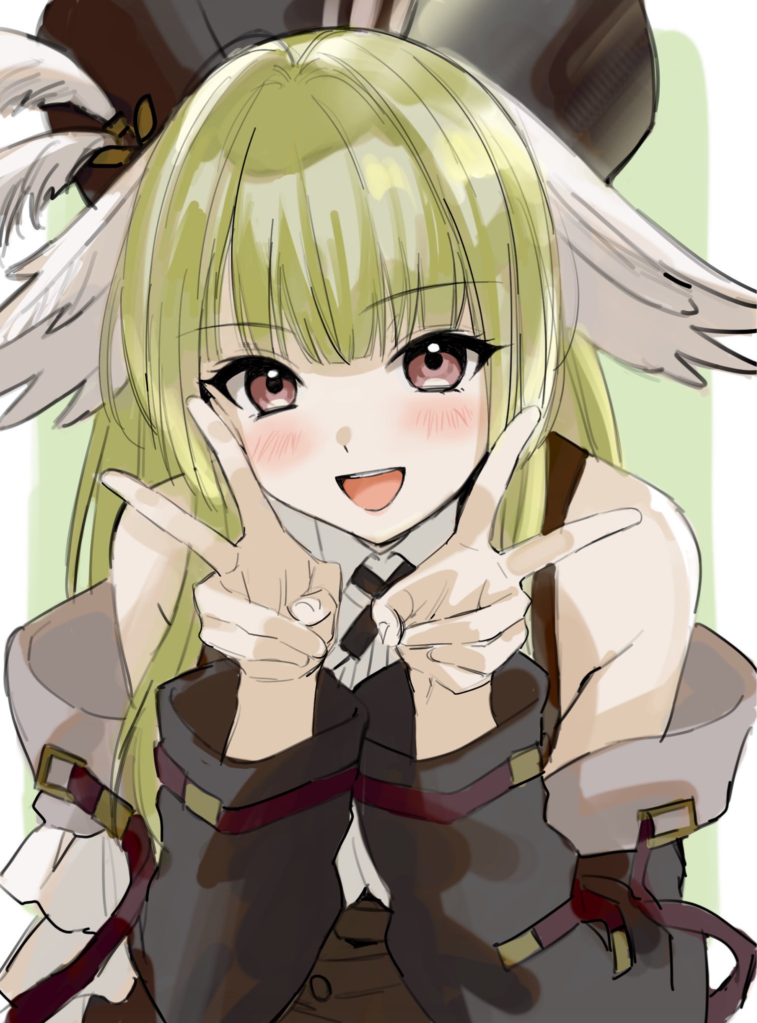 kemurikemu, poncirus (arknights), arknights, commentary, highres, 1girl, :d, bare shoulders, black hat, black jacket, blush, brown eyes, double v, green background, green hair, hat, jacket, long hair, long sleeves, looking at viewer, off shoulder, one-hour drawing challenge, open mouth, smile, solo, upper body, v