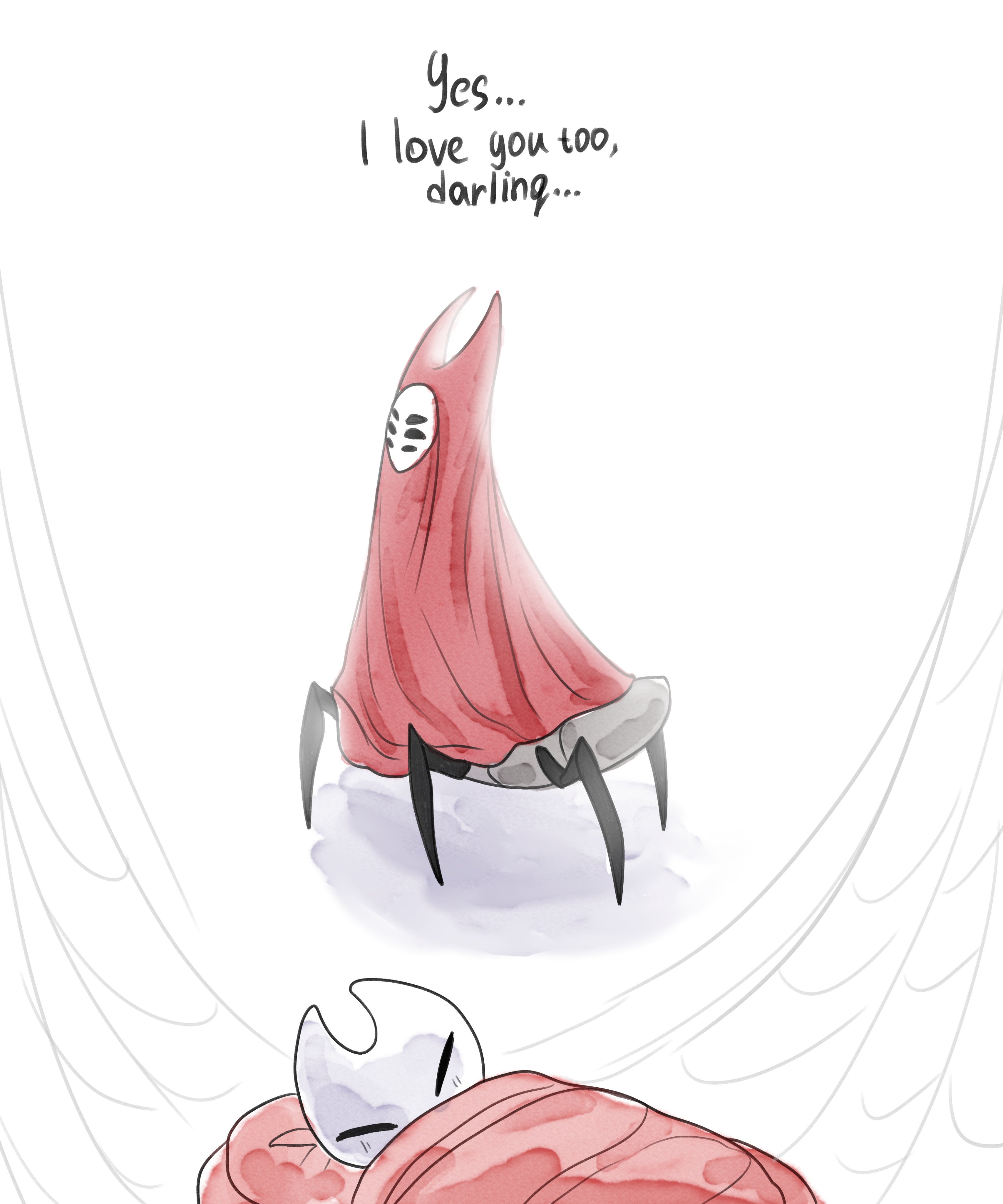 herrah (hollow knight), hornet (hollow knight), hollow knight, hollow knight: silksong, absurdres, highres, 2girls, black eyes, blush, boopie, cloak, english text, hollow eyes, horned mask, looking at another, mask, multiple girls, red cloak, silk, sleeping, spider web, walking