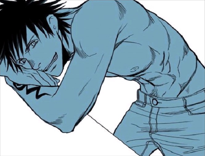 shiba kaien, bleach, artist request, 00s, 1boy, abs, black hair, clenched teeth, grin, male focus, monochrome, simple background, smile, solo, tattoo, teeth, topless male