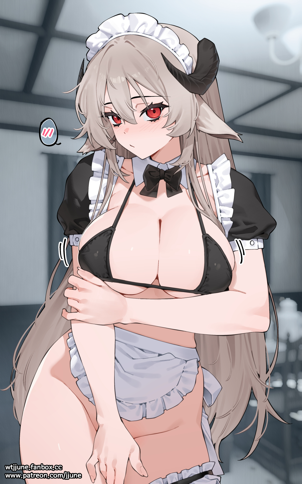 jjune, original, commission, highres, pixiv commission, 1girl, apron, bikini, black bikini, black bow, black bowtie, black horns, blurry, blurry background, bow, bowtie, breasts, brown hair, detached collar, fanbox username, fingernails, groin, horns, large breasts, long hair, looking at viewer, maid, maid apron, maid bikini, patreon username, puffy short sleeves, puffy sleeves, red eyes, sheep girl, sheep horns, short sleeves, solo, spoken blush, swimsuit, unconventional maid, white apron