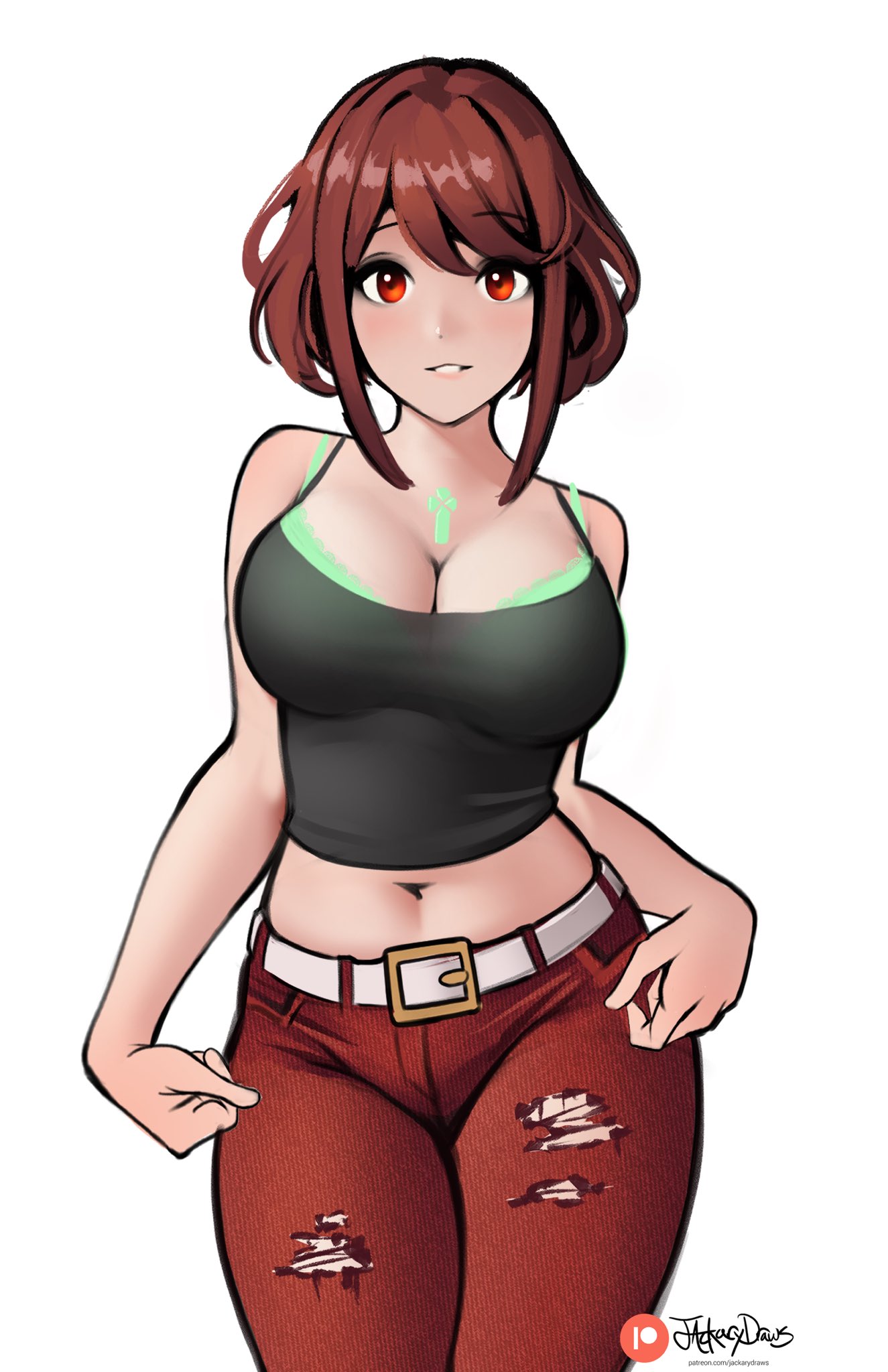 jackary, pyra (xenoblade), xenoblade chronicles (series), xenoblade chronicles 2, commentary, english commentary, highres, 1girl, bare shoulders, belt, black shirt, blush, bra, breasts, brown hair, chest jewel, cleavage, core crystal (xenoblade), cowboy shot, crop top, denim, green bra, large breasts, midriff, navel, pants, parted lips, red eyes, red pants, shirt, short hair, simple background, smile, solo, spaghetti strap, torn clothes, torn pants, underwear, white background, white belt