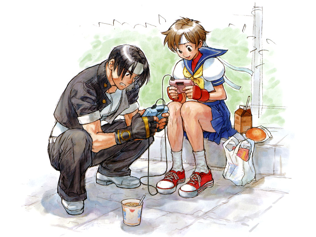 nishimura kinu, kasugano sakura, kusanagi kyou, capcom, capcom vs. snk, snk, street fighter, the king of fighters, official art, 1boy, 1girl, blue sailor collar, crossover, fingerless gloves, food, gloves, hachimaki, headband, instant cup noodles, instant noodles, milk, neo geo pocket color, noodles, playing games, ramen, sailor collar, school uniform, serafuku, sitting, slice of life, video game