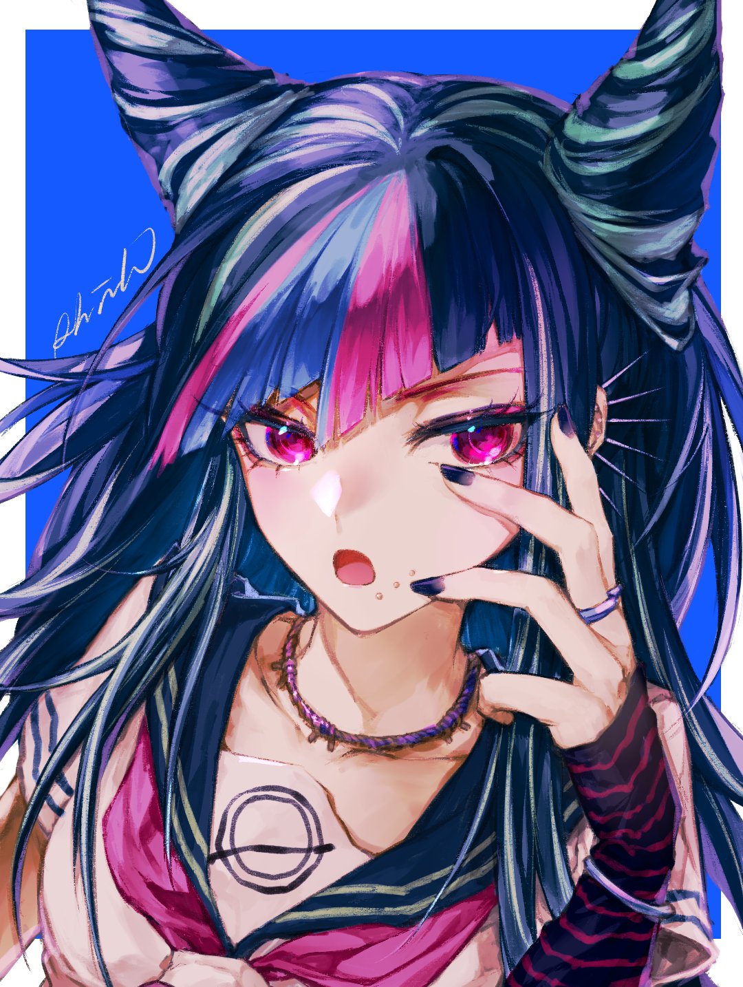 mioda ibuki, danganronpa (series), danganronpa 2: goodbye despair, commentary, highres, symbol-only commentary, 1girl, :o, black hair, black nails, black sailor collar, blue background, blue hair, face piercing, fingerless gloves, gloves, grey shirt, hair horns, hand up, jewelry, long hair, mouth piercing, nail polish, neckerchief, piercing, pink eyes, pink hair, pink neckerchief, rhinn ix, ring, sailor collar, shirt, solo, white hair