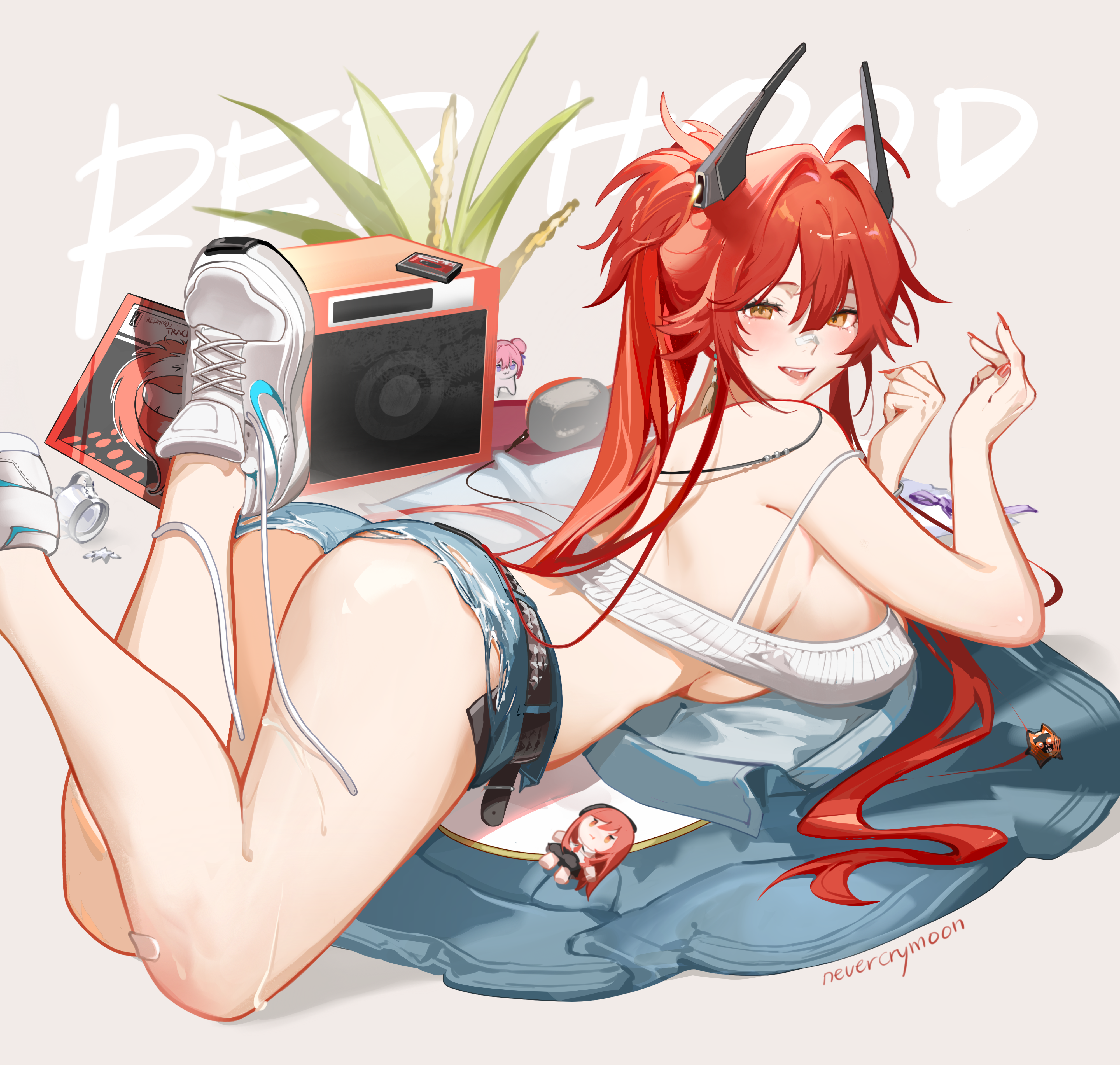 nevercrymoon, doro (nikke), rapi (nikke), rapi (red hood) (nikke), red hood (nikke), red hood (retro days) (nikke), goddess of victory: nikke, absurdres, commentary, english commentary, highres, 1girl, ass, breasts, character name, denim, denim shorts, feet up, horns, large breasts, long hair, looking at viewer, lying, mechanical horns, official alternate costume, official alternate hairstyle, on stomach, open mouth, plant, red hair, red nails, shoes, shorts, signature, smile, sneakers, solo, speaker, untied shoelaces, white shoes, yellow eyes