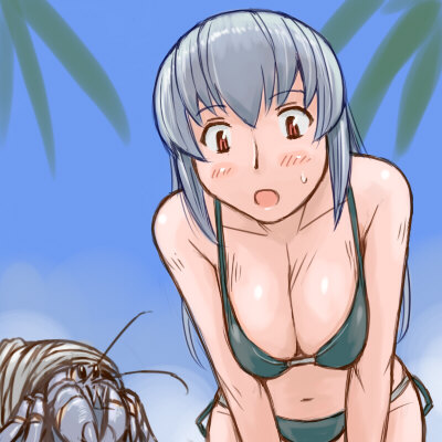tsuda nanafushi, suigintou, rozen maiden, silver hair, lowres, 00s, 1girl, aged up, bikini, breasts, cleavage, crustacean, female focus, hermit crab, large breasts, outdoors, sky, solo, swimsuit
