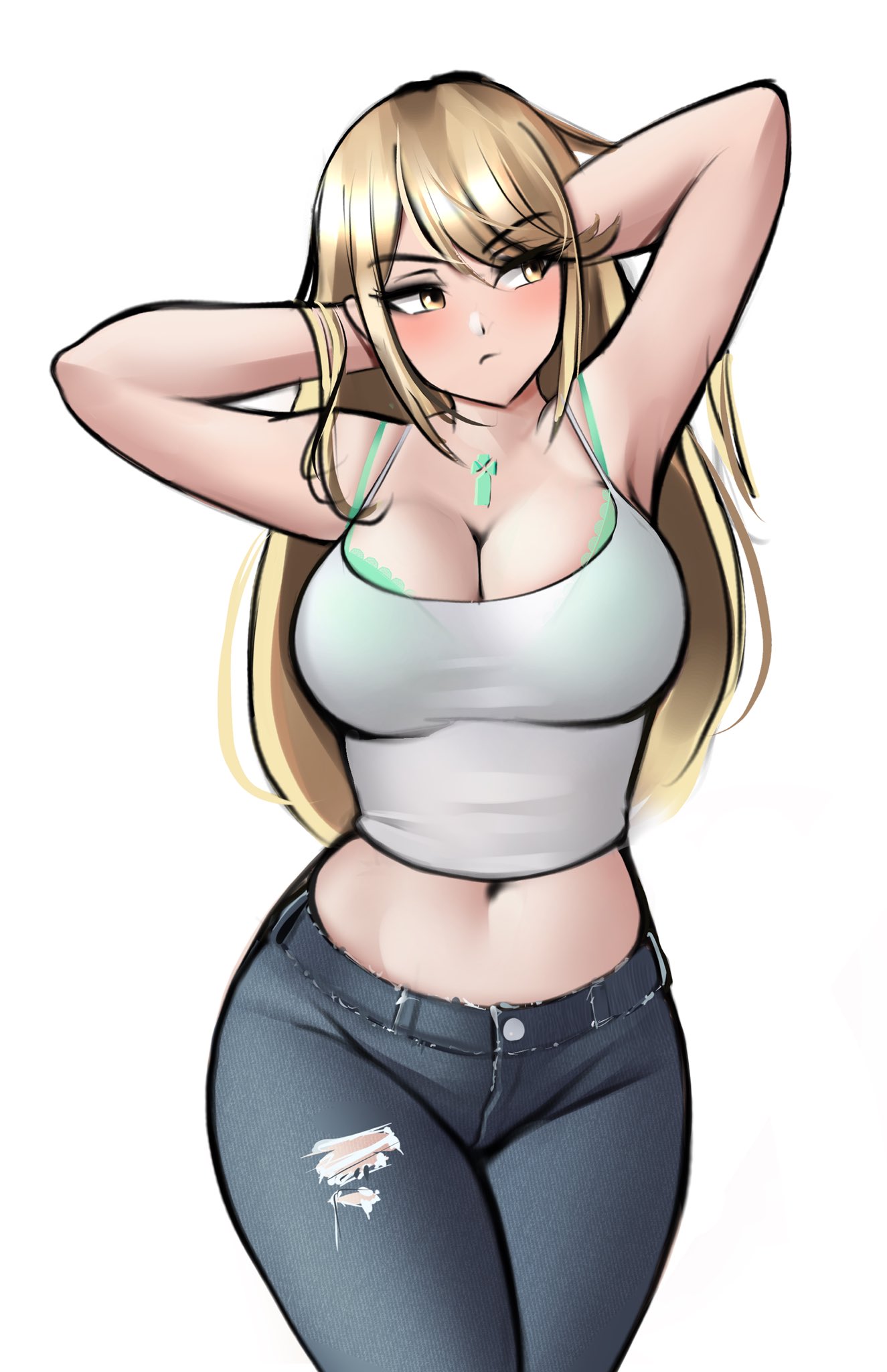 jackary, mythra (xenoblade), xenoblade chronicles (series), xenoblade chronicles 2, commentary, english commentary, highres, 1girl, arms behind head, bare shoulders, blonde hair, blue pants, blush, breasts, chest jewel, collarbone, core crystal (xenoblade), cowboy shot, crop top, denim, large breasts, long hair, midriff, navel, pants, shirt, simple background, solo, spaghetti strap, torn clothes, torn pants, white background, white shirt, yellow eyes