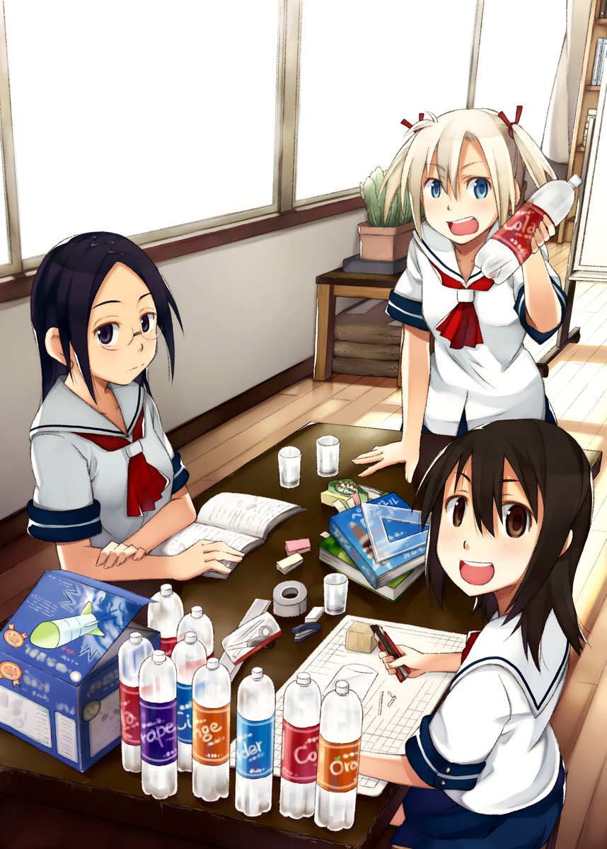 itami sumihito, original, bad id, bad pixiv id, highres, black eyes, black hair, blonde hair, blue eyes, book, bottle, boxcutter, brown eyes, brown hair, glasses, hair ribbon, long hair, ribbon, school uniform, science, serafuku, short hair, smile, tape, twintails