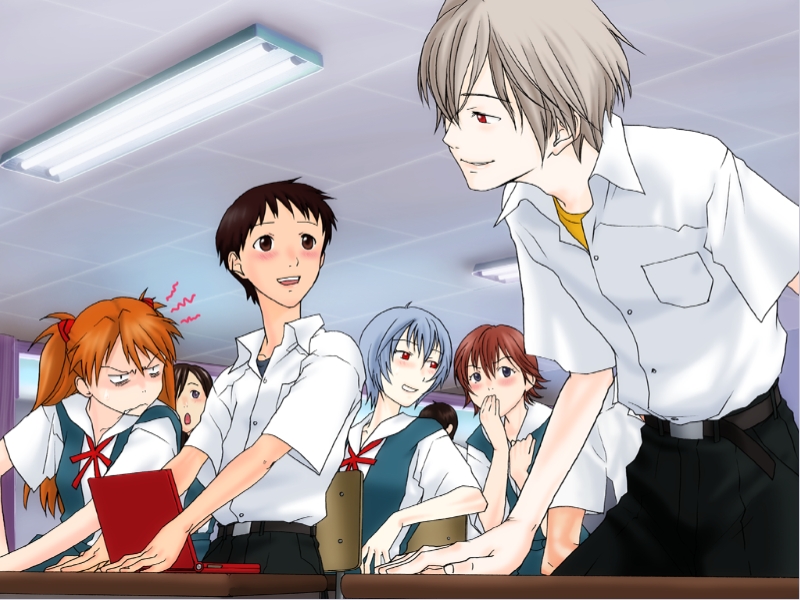yonekura kengo, ayanami rei, ikari shinji, kirishima mana, nagisa kaworu, souryuu asuka langley, ikari shinji raising project, neon genesis evangelion, 2boys, 3girls, annoyed, blue eyes, blue hair, blush, brown eyes, brown hair, classroom, grey hair, grin, hair ornament, jealous, multiple boys, multiple girls, orange hair, red eyes, red hair, school, school uniform, smile