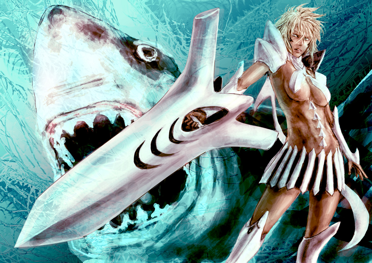baryan, tier harribel, bleach, spoilers, 00s, 1girl, arrancar, blonde hair, dark-skinned female, dark skin, facial mark, female focus, number tattoo, resurreccion, revealing clothes, shark, solo, sword, tattoo, weapon