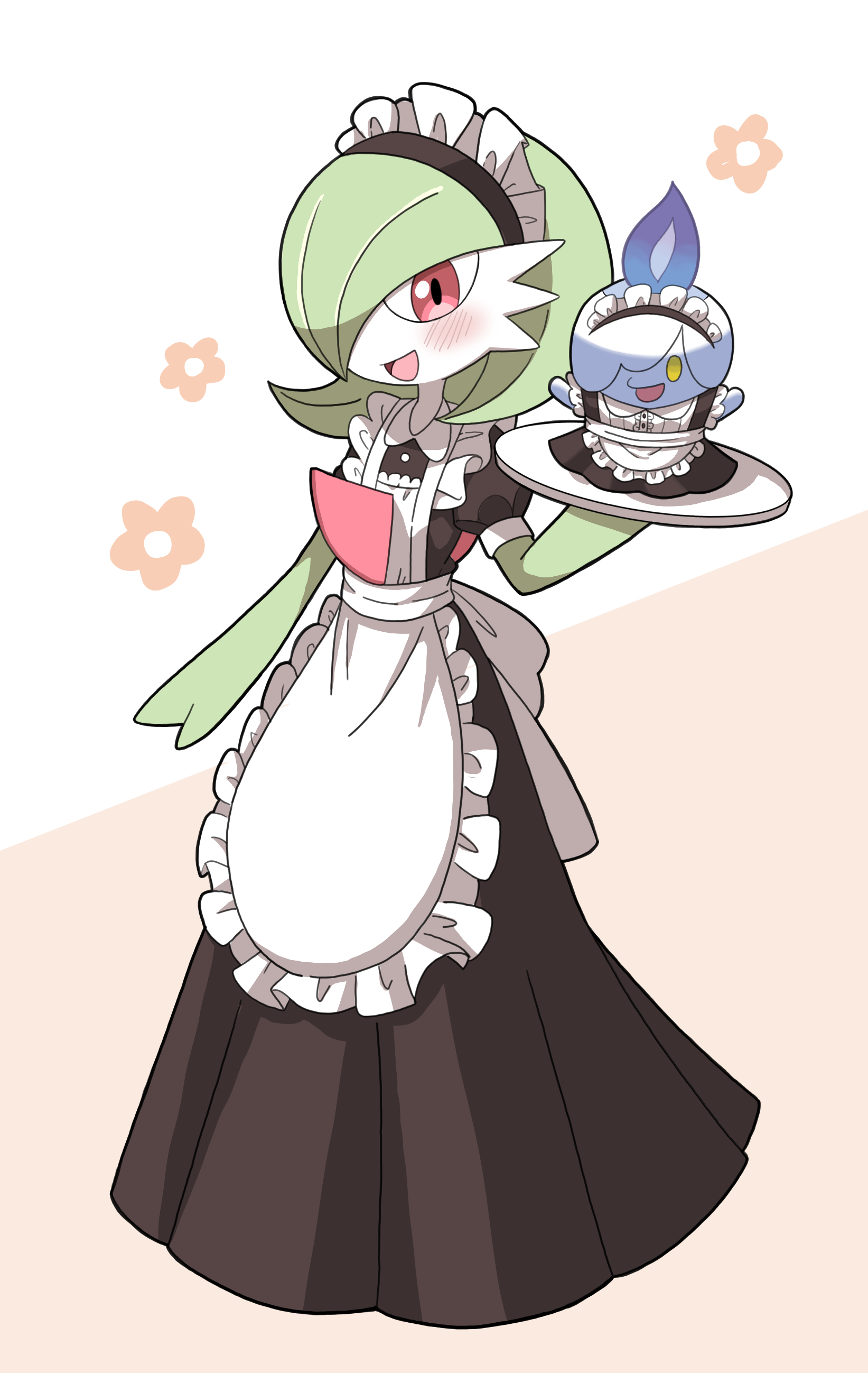 jmsleo, gardevoir, litwick, nintendo, pokemon, 1girl, apron, arm at side, arms up, back bow, black dress, blank eyes, blue fire, blush, bob cut, bow, clothed pokemon, collared dress, colored skin, dress, female focus, fire, flat chest, floral background, frilled apron, frills, full body, gen 3 pokemon, gen 5 pokemon, green hair, green skin, hair over one eye, hand up, happy, holding, holding tray, long dress, looking at viewer, maid, maid apron, maid headdress, multicolored skin, one eye covered, open mouth, orange background, pokemon (creature), puffy short sleeves, puffy sleeves, red eyes, short hair, short sleeves, smile, solo focus, standing, tray, two-tone skin, white apron, white skin, yellow eyes