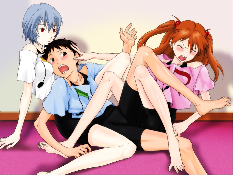 yonekura kengo, ayanami rei, ikari shinji, souryuu asuka langley, ikari shinji raising project, neon genesis evangelion, 1boy, 2girls, androgynous, barefoot, blue eyes, blue hair, blush, feet, multiple girls, red eyes, red hair, spandex, toes