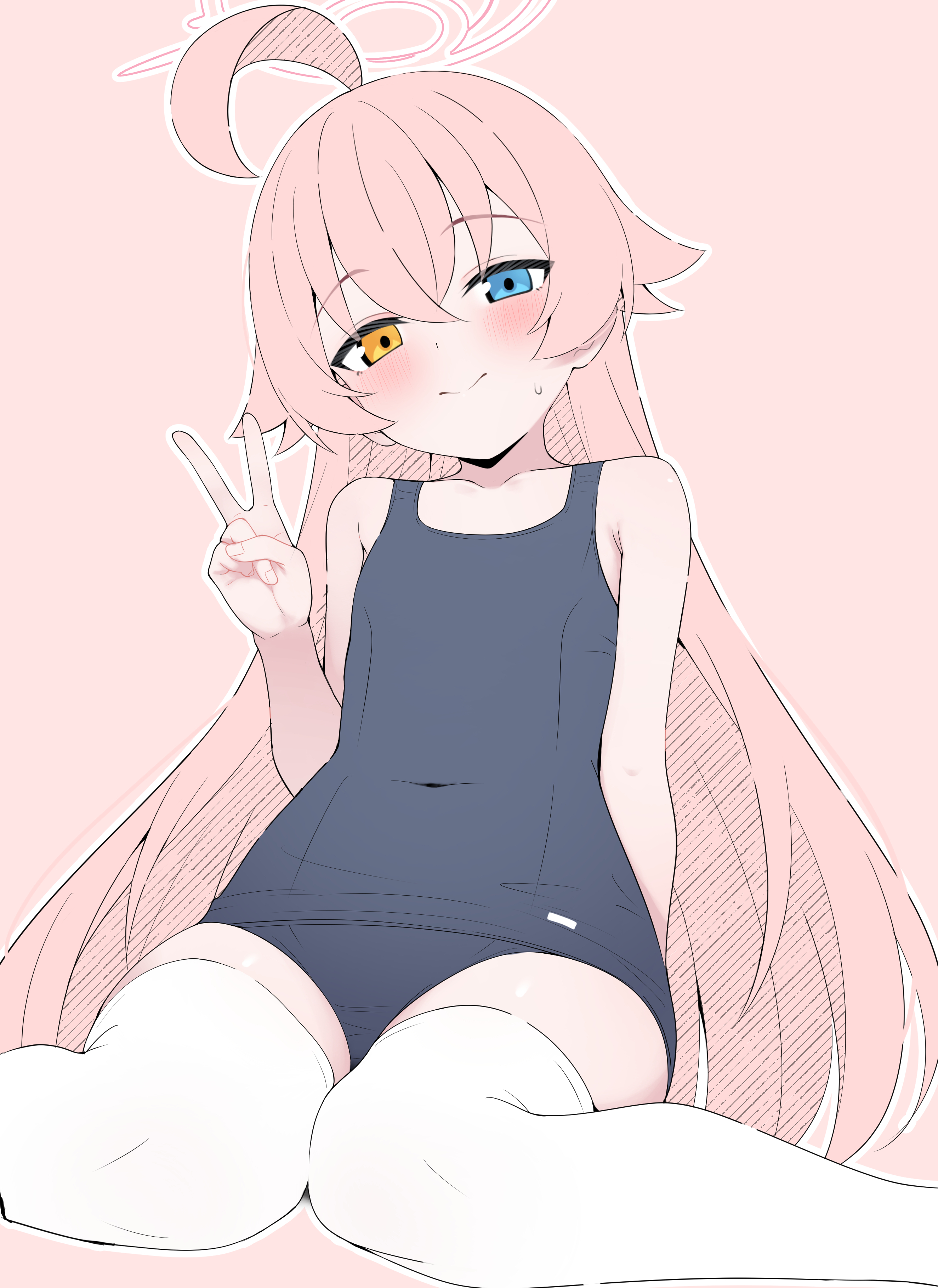 mistel (sukebemistel), hoshino (blue archive), blue archive, absurdres, highres, 1girl, ahoge, blue eyes, blush, flat chest, halo, heterochromia, long hair, looking at viewer, one-piece swimsuit, pink hair, school swimsuit, simple background, solo, swimsuit, thighhighs, v, white thighhighs