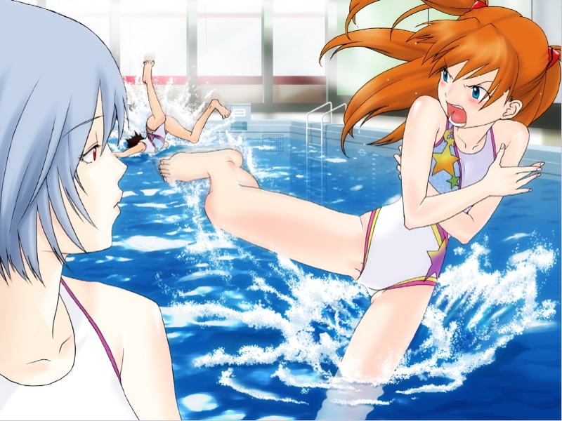 yonekura kengo, ayanami rei, ikari shinji, souryuu asuka langley, ikari shinji raising project, neon genesis evangelion, 1boy, 2girls, androgynous, angry, barefoot, blue eyes, blue hair, casual one-piece swimsuit, crossdressing, kicking, multiple girls, one-piece swimsuit, pool, pool ladder, red eyes, red hair, swimsuit, trap, water