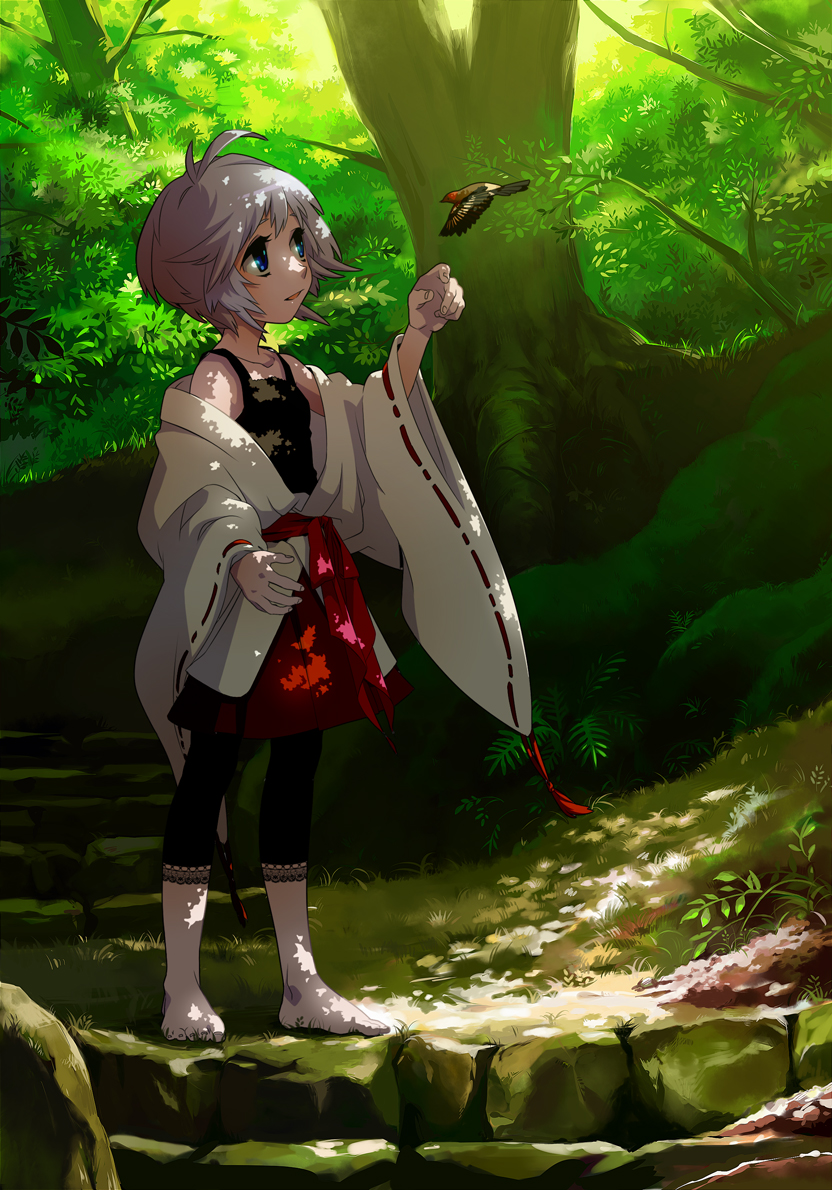 yukihiko, original, silver hair, 1girl, adapted uniform, barefoot, bird, blue eyes, camisole, capri pants, dappled sunlight, female focus, forest, hummingbird, japanese clothes, miko, nature, nontraditional miko, pants, shade, short hair, skirt, solo, stairs, sunlight, tree, tree shade, wide sleeves