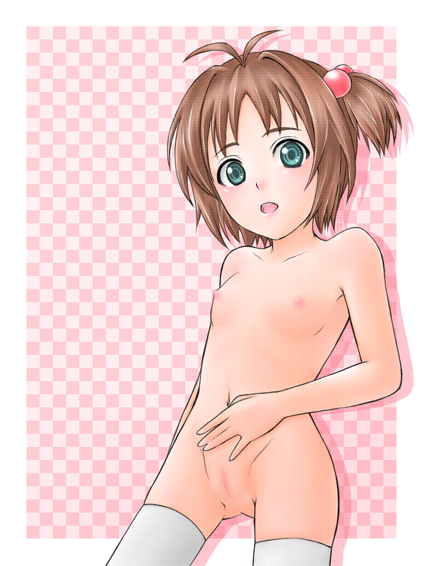 migiri, kinomoto sakura, cardcaptor sakura, 1990s (style), 1girl, asymmetrical hair, blush, breasts, brown hair, cowboy shot, female focus, green eyes, hair bobbles, hair ornament, loli, nipples, nude, pussy, retro artstyle, short hair, side ponytail, small breasts, solo, thighhighs, white thighhighs