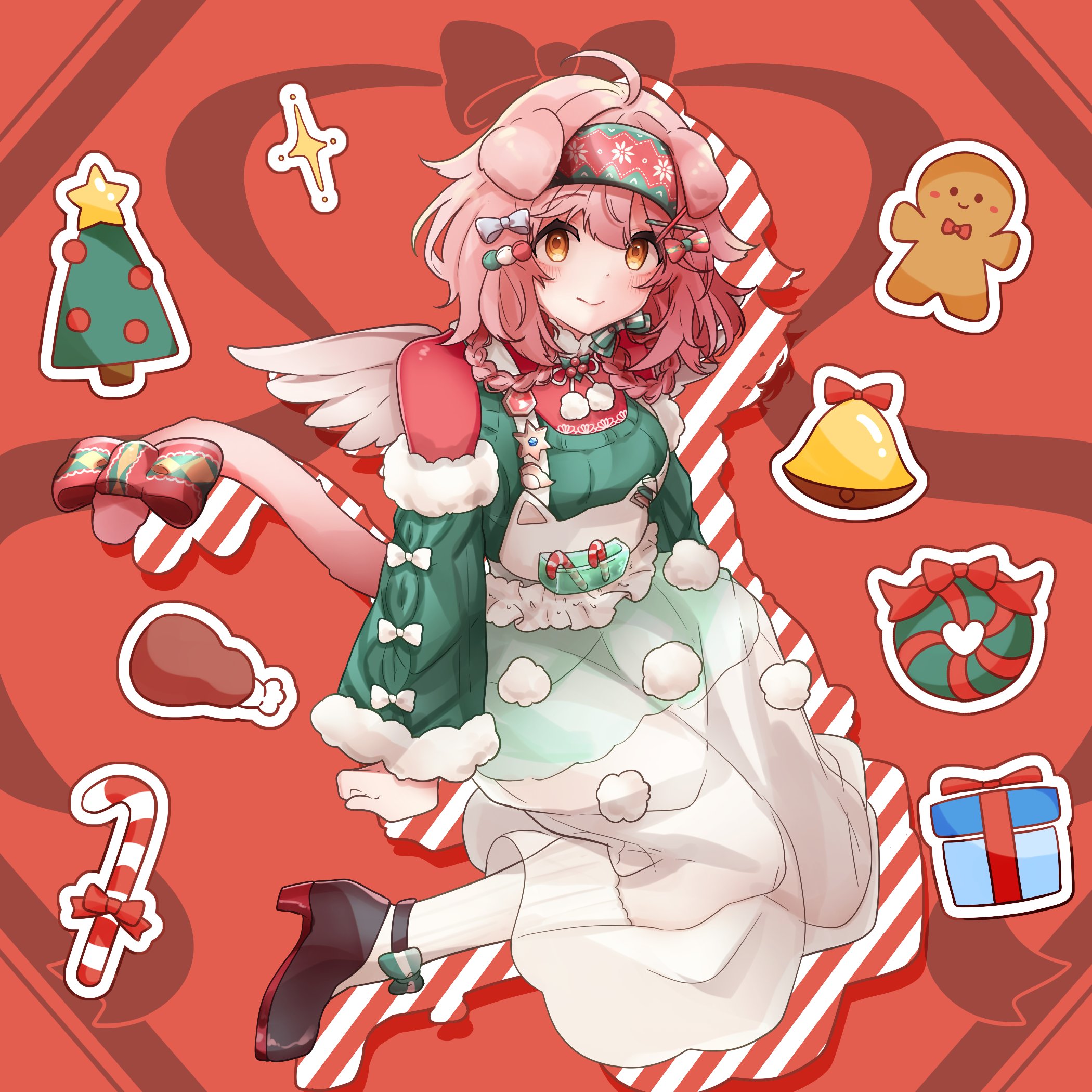 aza nonoka, goldenglow (arknights), goldenglow (maiden for the bright night) (arknights), arknights, commentary, highres, 1girl, ahoge, animal ears, bell, black shoes, blush, bow, braid, candy, candy cane, christmas, closed mouth, food, full body, fur-trimmed sleeves, fur trim, green hairband, green sweater, hair bow, hair ornament, hairband, kneehighs, long sleeves, looking at viewer, medium hair, official alternate costume, pink hair, pink tail, red background, red hairband, shoes, sleeve bow, smile, socks, solo, sparkle, star (symbol), sweater, tail, tail bow, tail ornament, white socks, x hair ornament, yellow eyes
